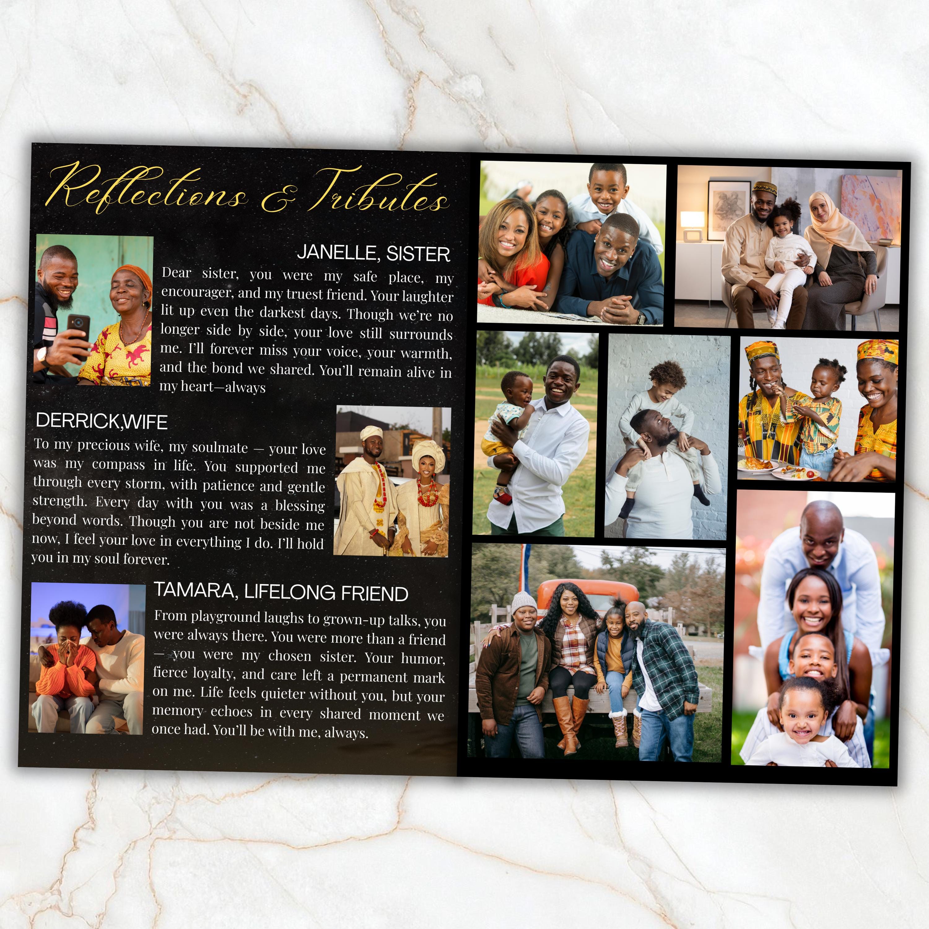 7 Pages Memorial Funeral Program Edtiable Template, In Loving Memory Black Canva Template, Obituary Celebration Of Life Program - Editable Memorial Canva Template