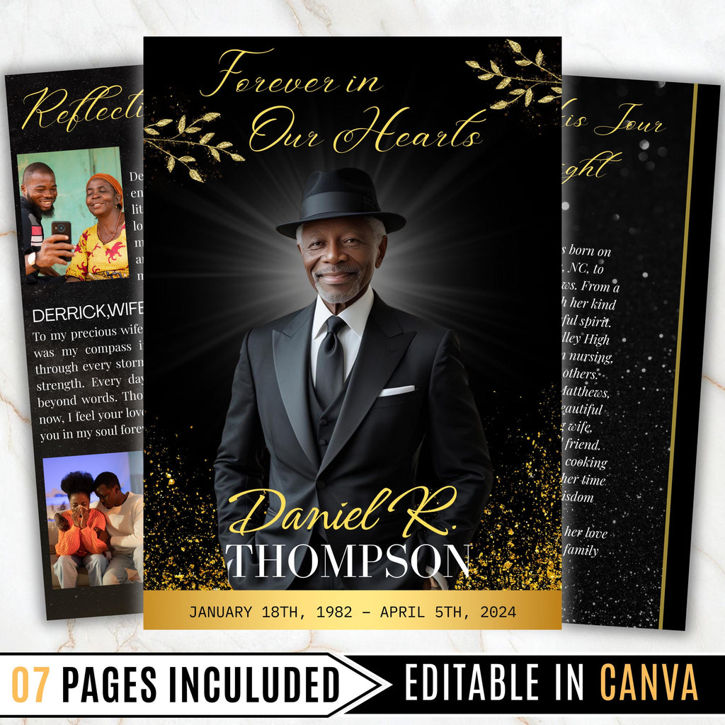 7 Pages Memorial Funeral Program Edtiable Template, In Loving Memory Black Canva Template, Obituary Celebration Of Life Program - Editable Memorial Canva Template