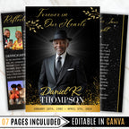 7 Pages Memorial Funeral Program Edtiable Template, In Loving Memory Black Canva Template, Obituary Celebration Of Life Program - Editable Memorial Canva Template