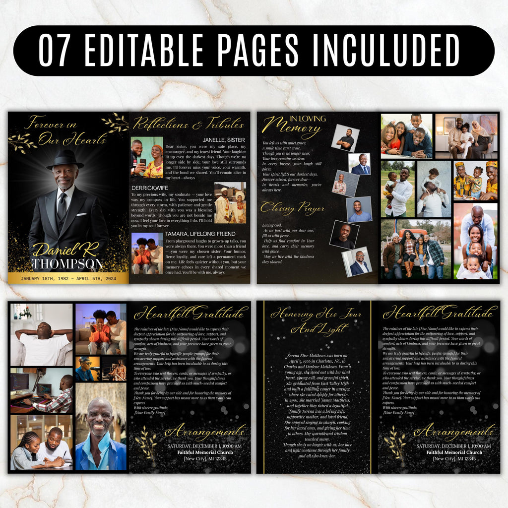 7 Pages Memorial Funeral Program Edtiable Template, In Loving Memory Black Canva Template, Obituary Celebration Of Life Program - Editable Memorial Canva Template