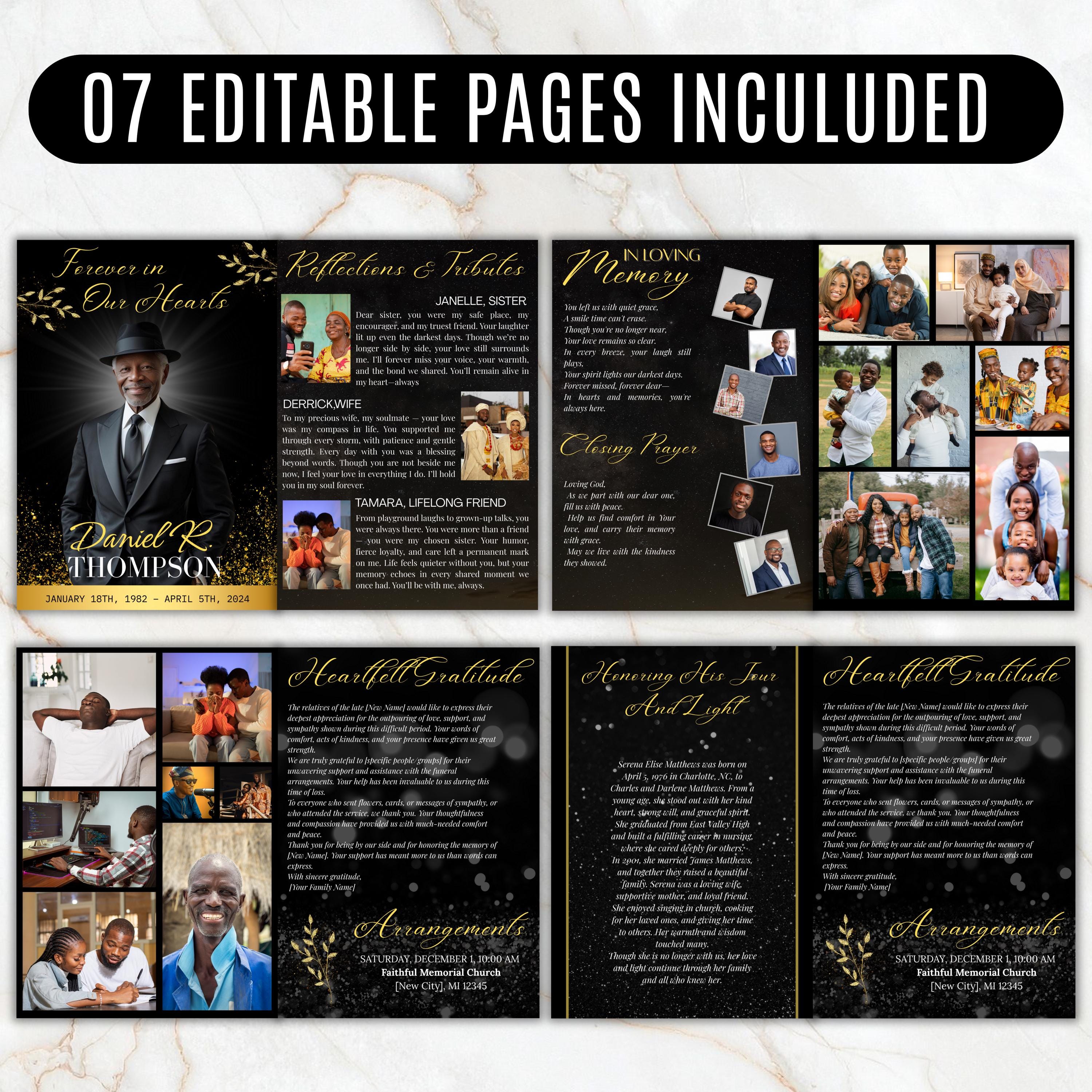 7 Pages Memorial Funeral Program Edtiable Template, In Loving Memory Black Canva Template, Obituary Celebration Of Life Program - Editable Memorial Canva Template