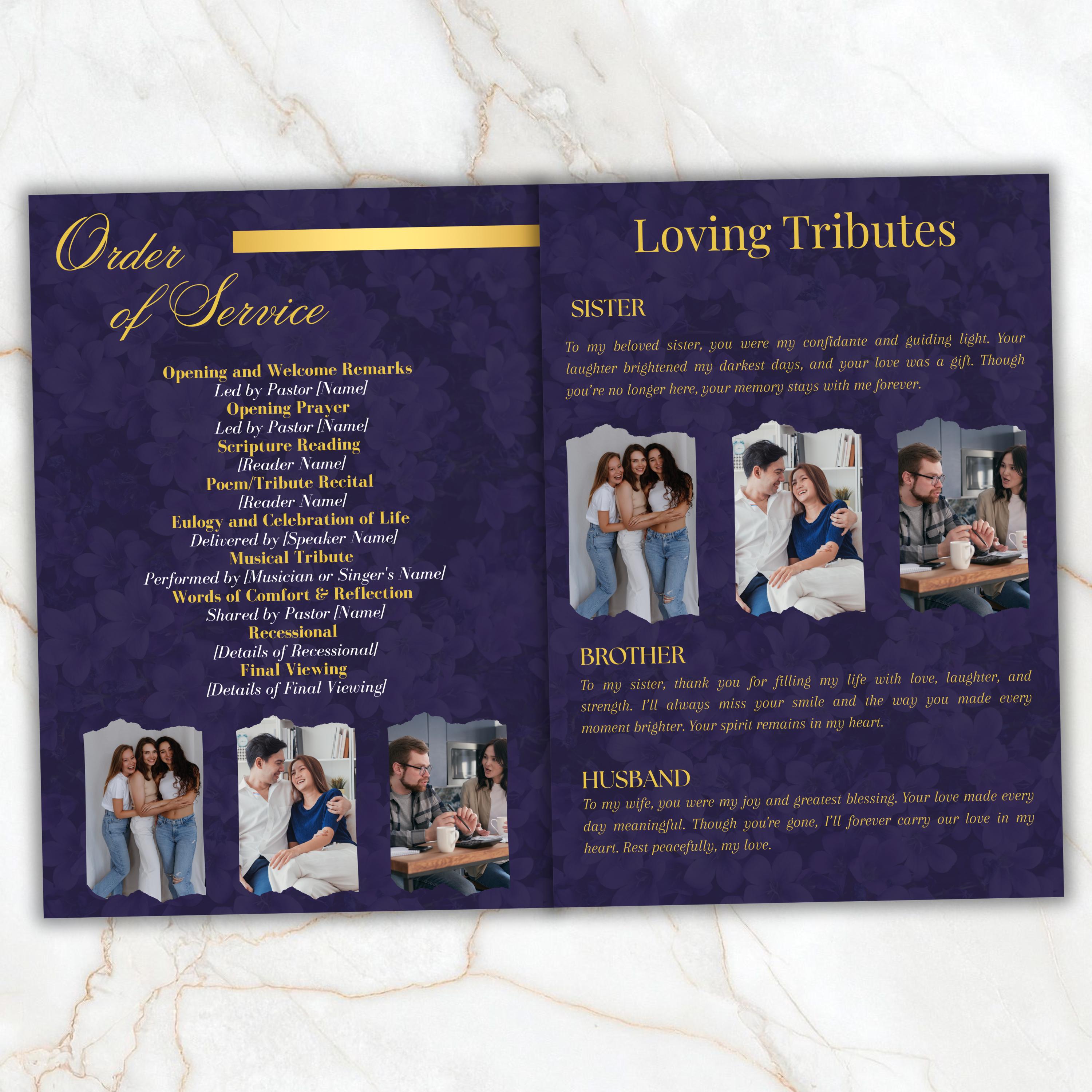 6 Pages Memorial Funeral Program Edtiable Template, In Loving Memory Purple Funeral Canva Template, Obituary Celebration Of Life Program - Editable Memorial Canva Template