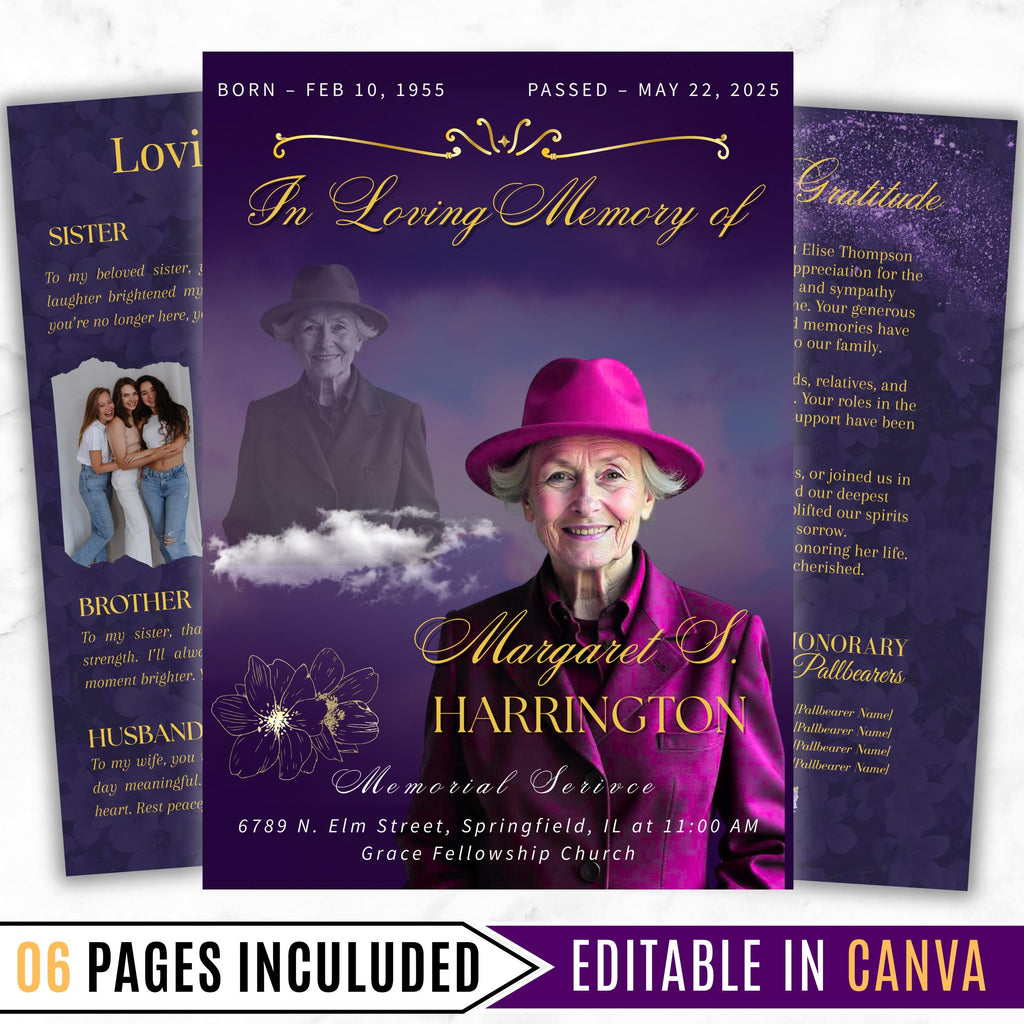 6 Pages Memorial Funeral Program Edtiable Template, In Loving Memory Purple Funeral Canva Template, Obituary Celebration Of Life Program - Editable Memorial Canva Template