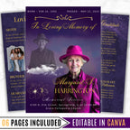 6 Pages Memorial Funeral Program Edtiable Template, In Loving Memory Purple Funeral Canva Template, Obituary Celebration Of Life Program - Editable Memorial Canva Template