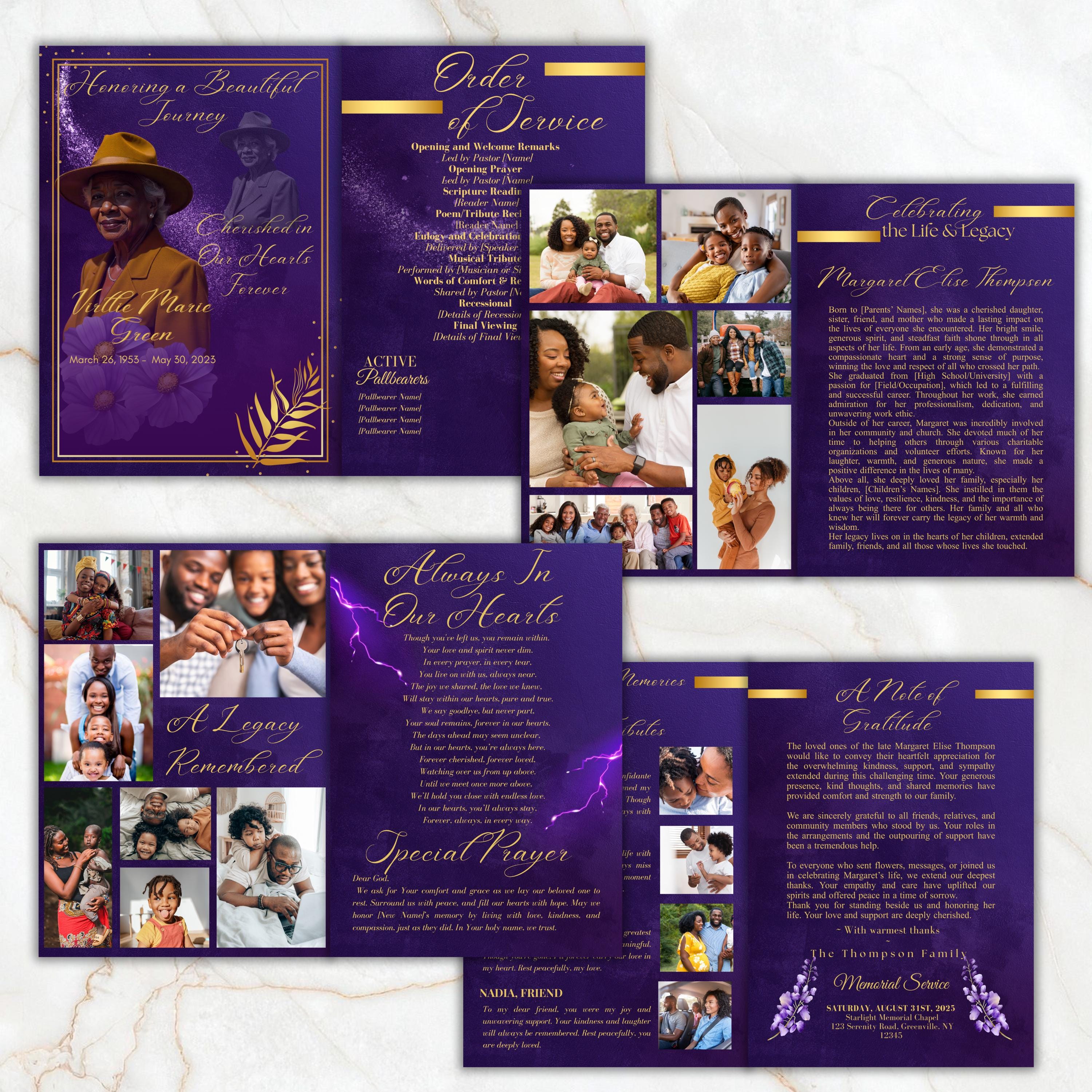 6 Pages Memorial Funeral Program Edtiable Template, In Loving Memory Purple Book Funeral Canva Template,Obituary Celebration Of Life Program - Editable Memorial Canva Template