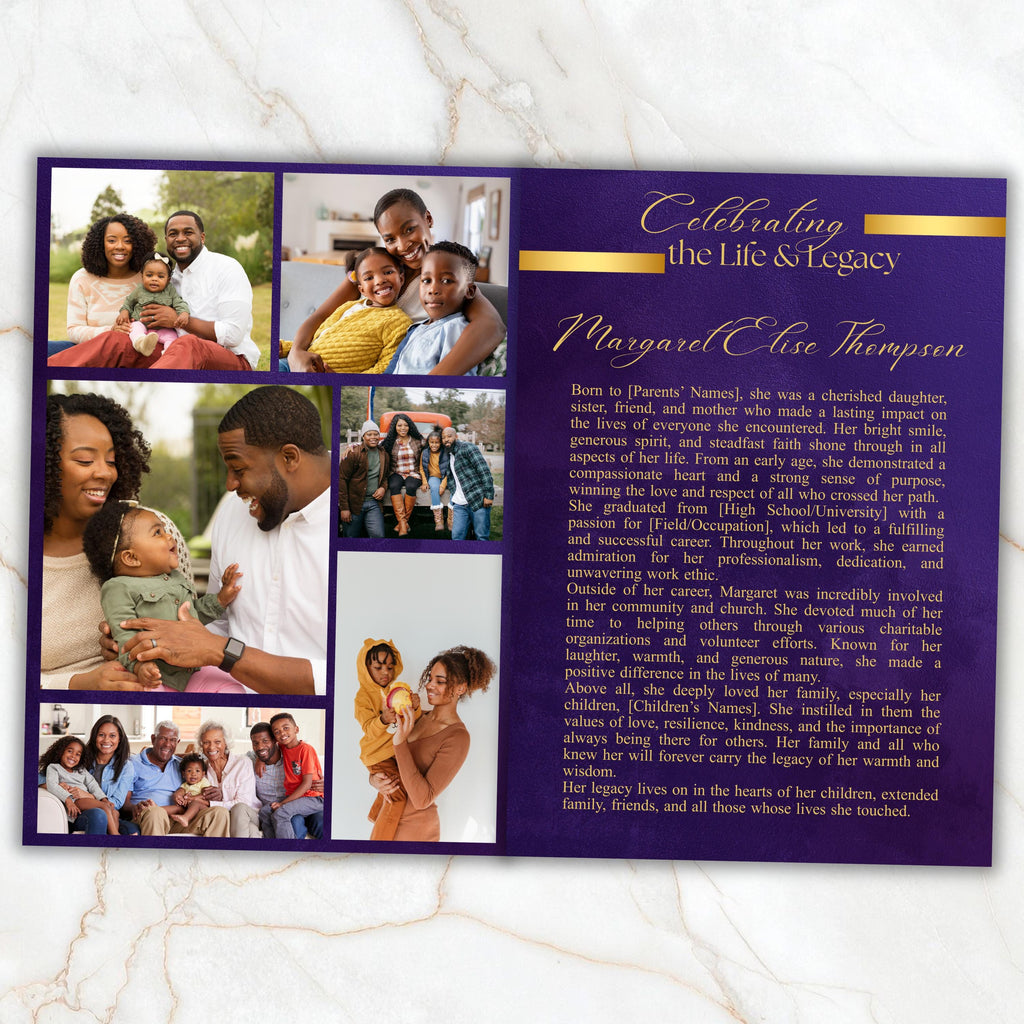 6 Pages Memorial Funeral Program Edtiable Template, In Loving Memory Purple Book Funeral Canva Template,Obituary Celebration Of Life Program - Editable Memorial Canva Template