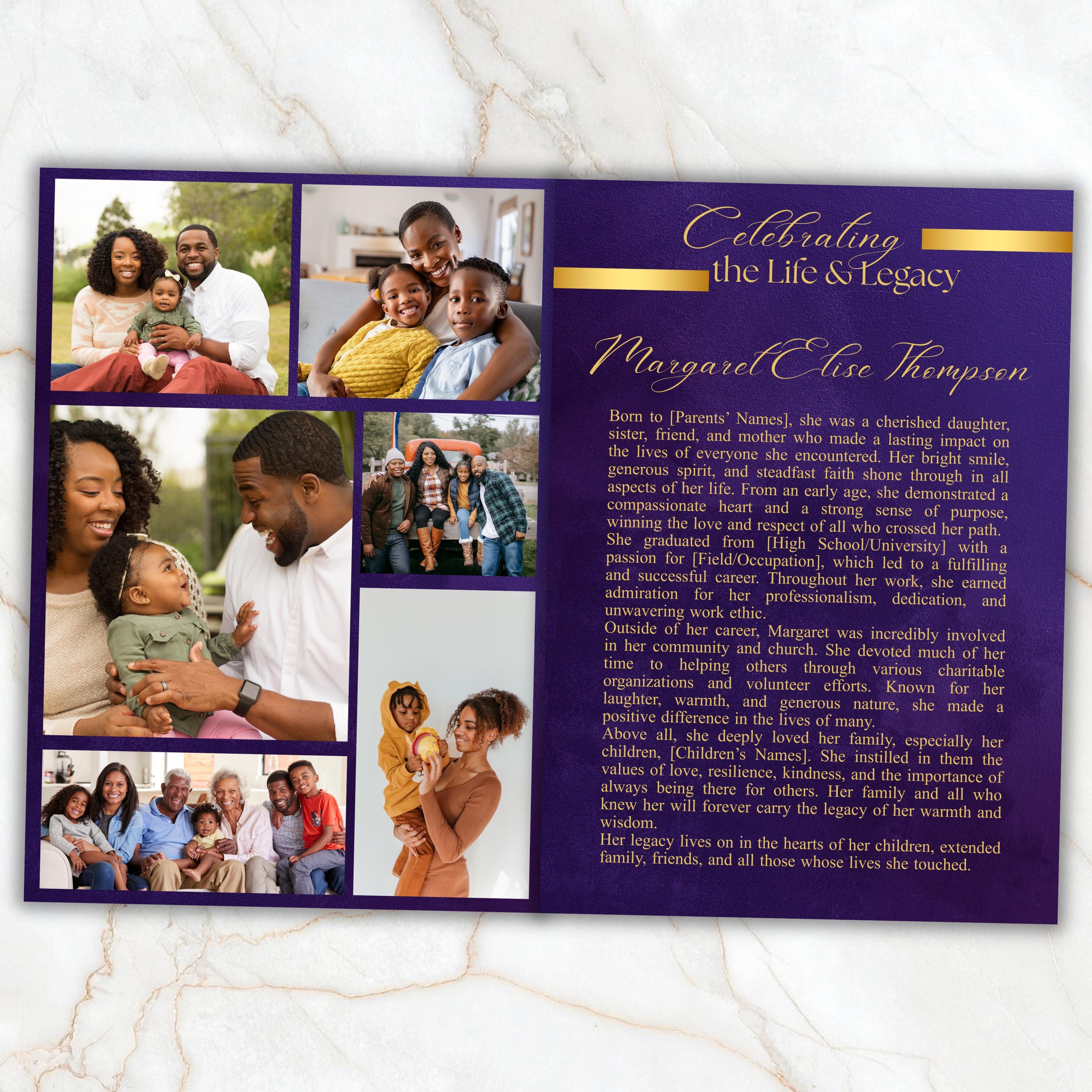 6 Pages Memorial Funeral Program Edtiable Template, In Loving Memory Purple Book Funeral Canva Template,Obituary Celebration Of Life Program - Editable Memorial Canva Template