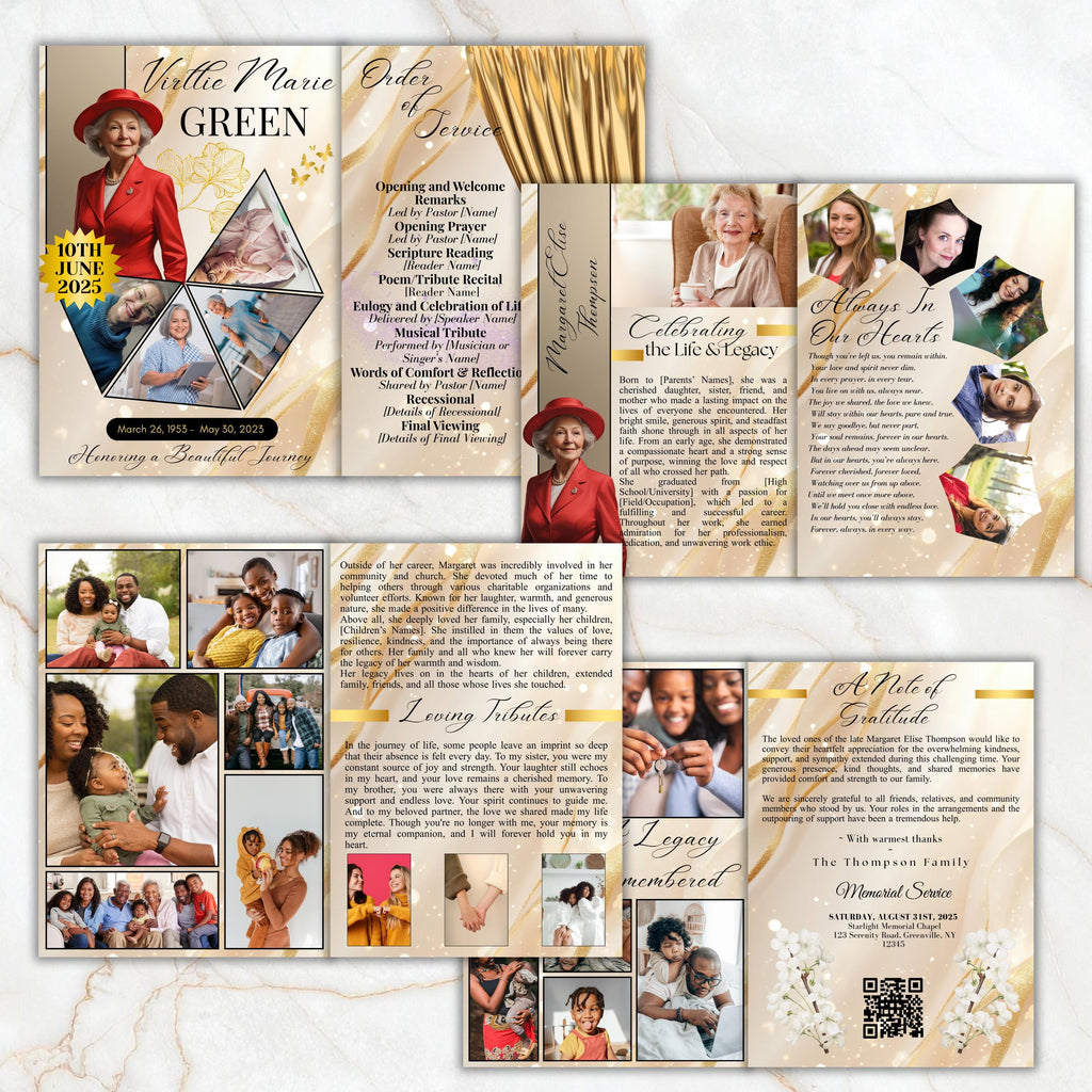 6 Pages Elegant Gold Funeral Program Template, Bi-Fold Funeral Program, Obituary Celebration Of Life Program, Digital Download - Editable Memorial Canva Template