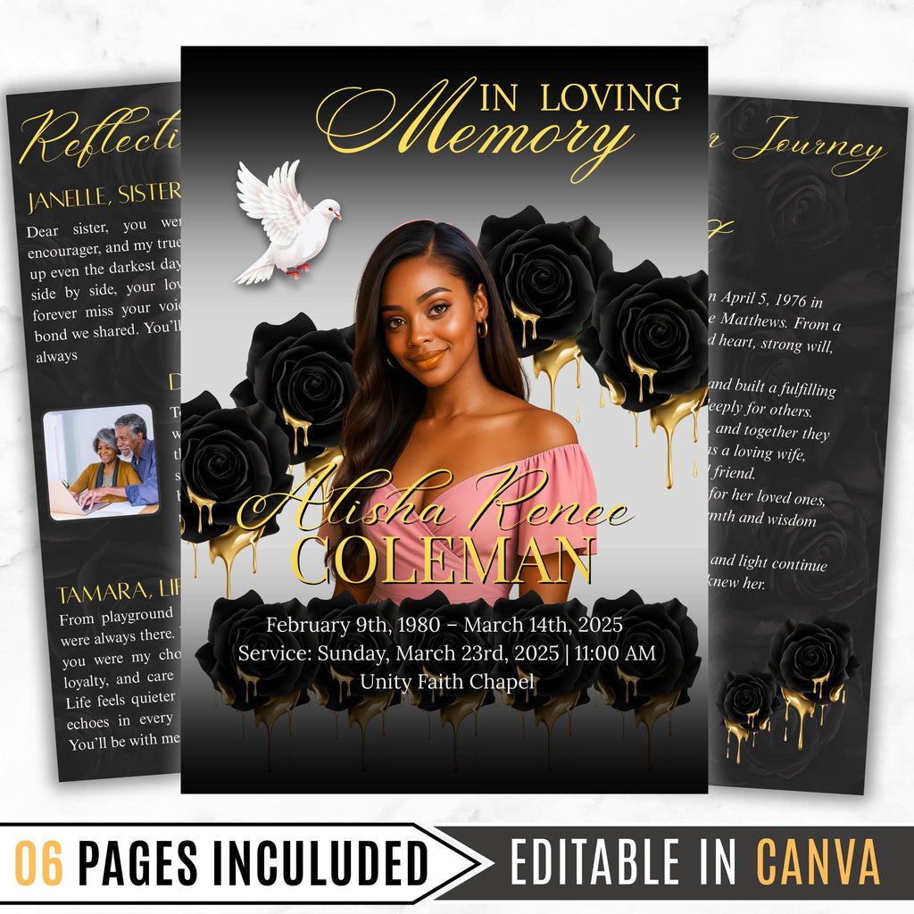 6 Pages Black and Gold Funeral Program Template, Bi-Fold Funeral Program, Obituary Celebration Of Life Program, Digital Download - Editable Memorial Canva Template