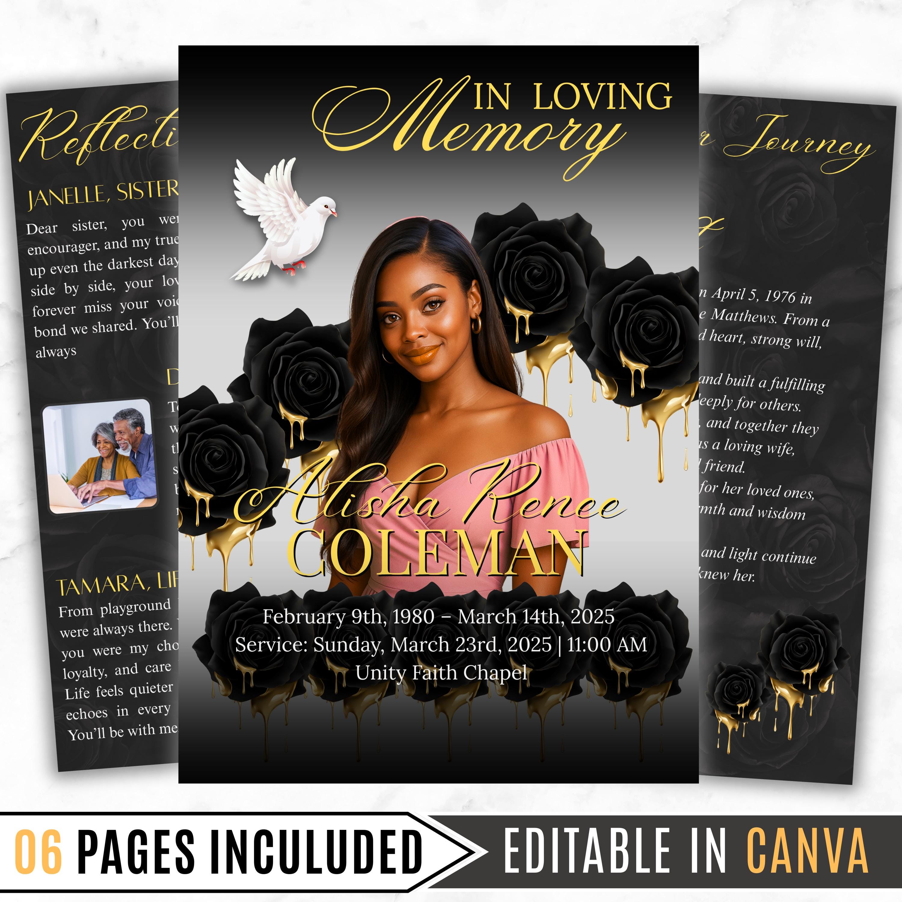 6 Pages Black and Gold Funeral Program Template, Bi-Fold Funeral Program, Obituary Celebration Of Life Program, Digital Download - Editable Memorial Canva Template
