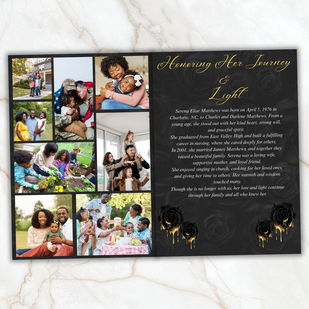 6 Pages Black and Gold Funeral Program Template, Bi-Fold Funeral Program, Obituary Celebration Of Life Program, Digital Download - Editable Memorial Canva Template