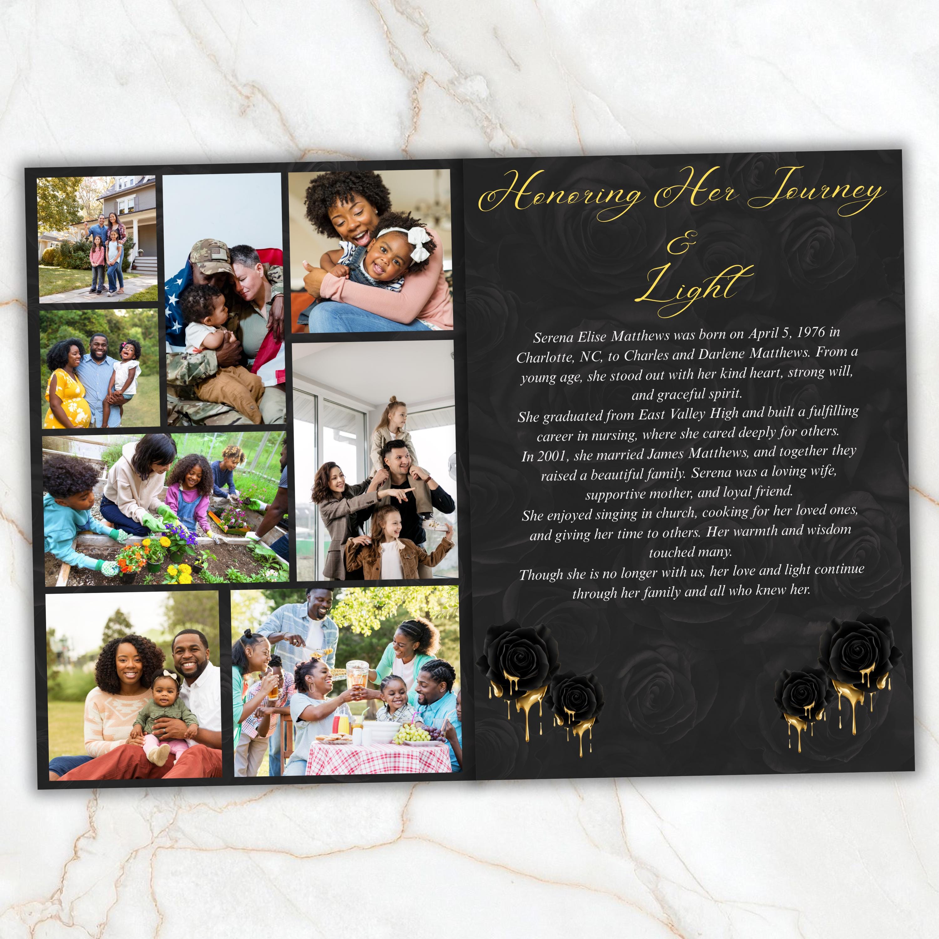 6 Pages Black and Gold Funeral Program Template, Bi-Fold Funeral Program, Obituary Celebration Of Life Program, Digital Download - Editable Memorial Canva Template