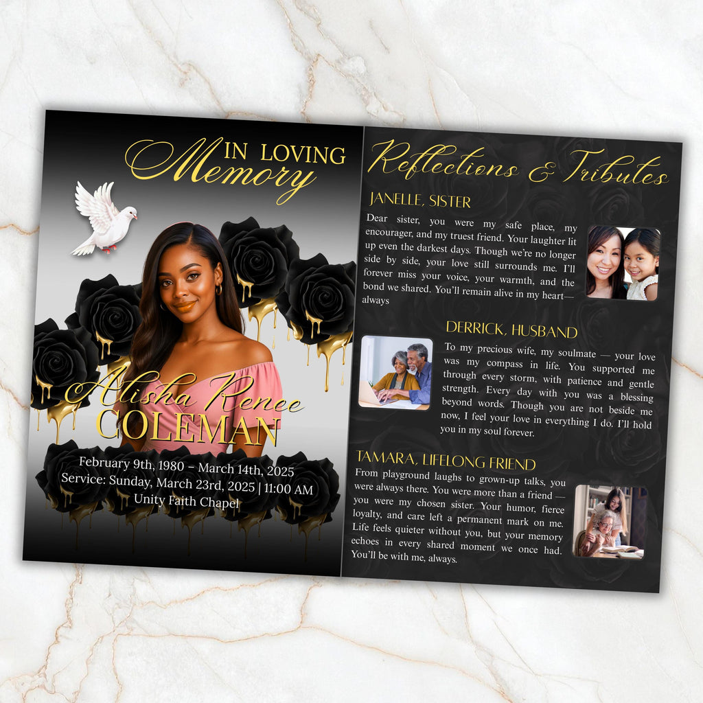 6 Pages Black and Gold Funeral Program Template, Bi-Fold Funeral Program, Obituary Celebration Of Life Program, Digital Download - Editable Memorial Canva Template