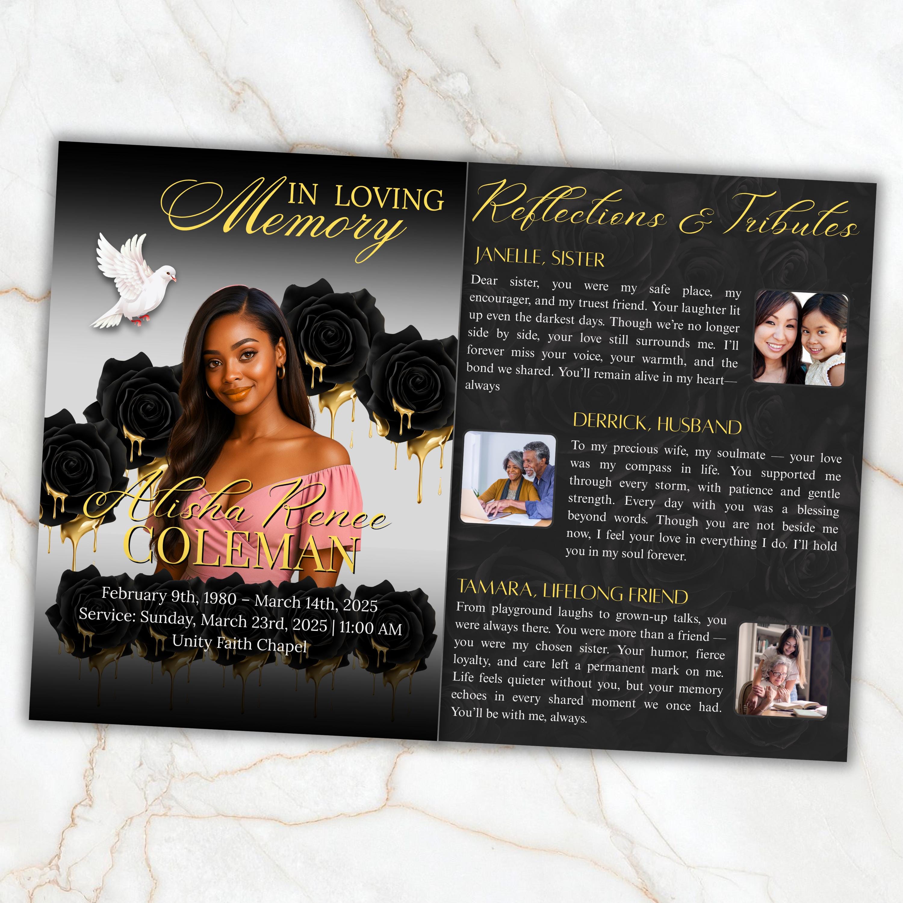 6 Pages Black and Gold Funeral Program Template, Bi-Fold Funeral Program, Obituary Celebration Of Life Program, Digital Download - Editable Memorial Canva Template