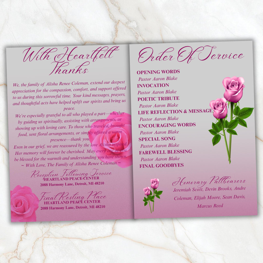 6 Pages Pink Rose Funeral Program Template, Bi-Fold Funeral Program, Obituary Celebration Of Life Program, Digital Download - Editable Memorial Canva Template