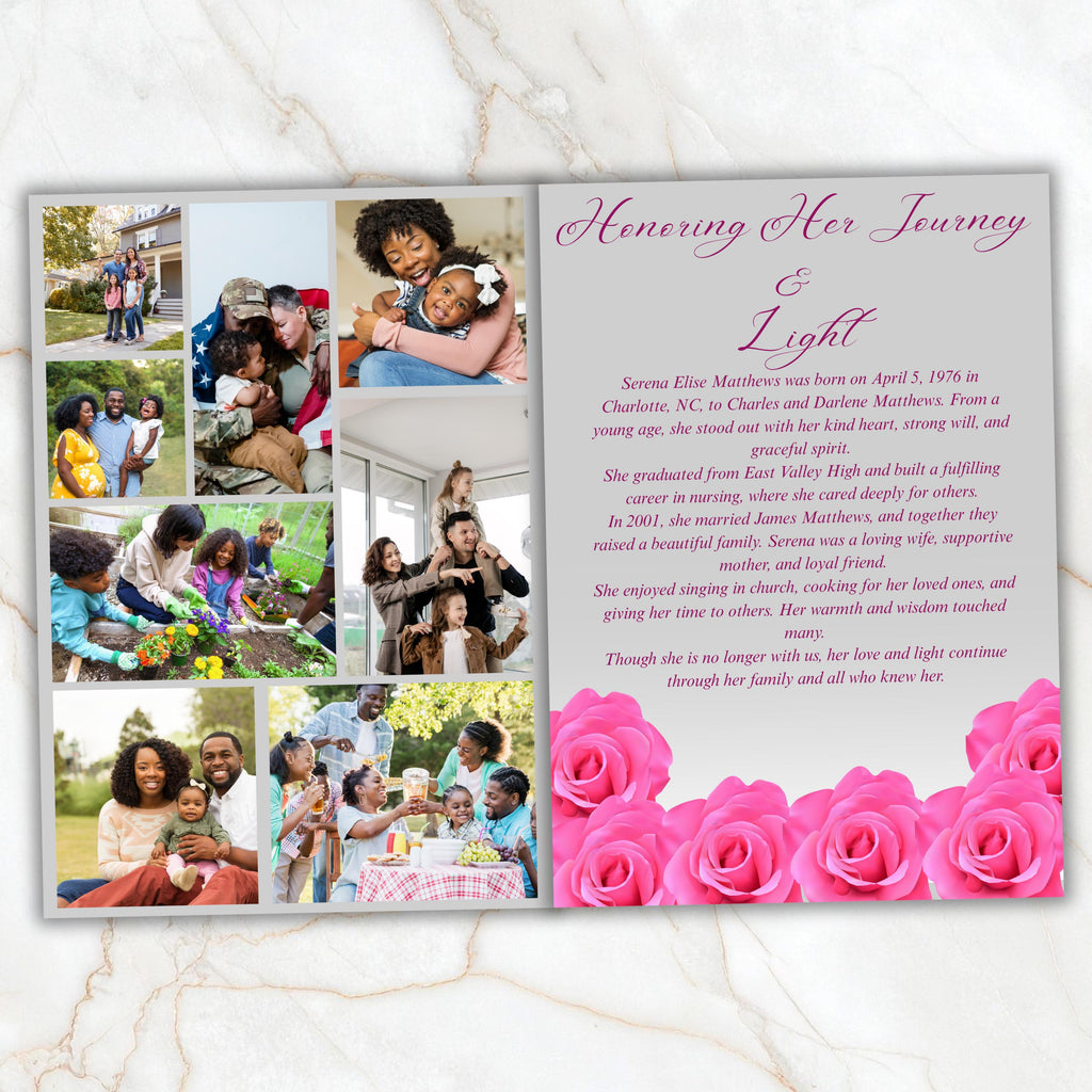 6 Pages Pink Rose Funeral Program Template, Bi-Fold Funeral Program, Obituary Celebration Of Life Program, Digital Download - Editable Memorial Canva Template