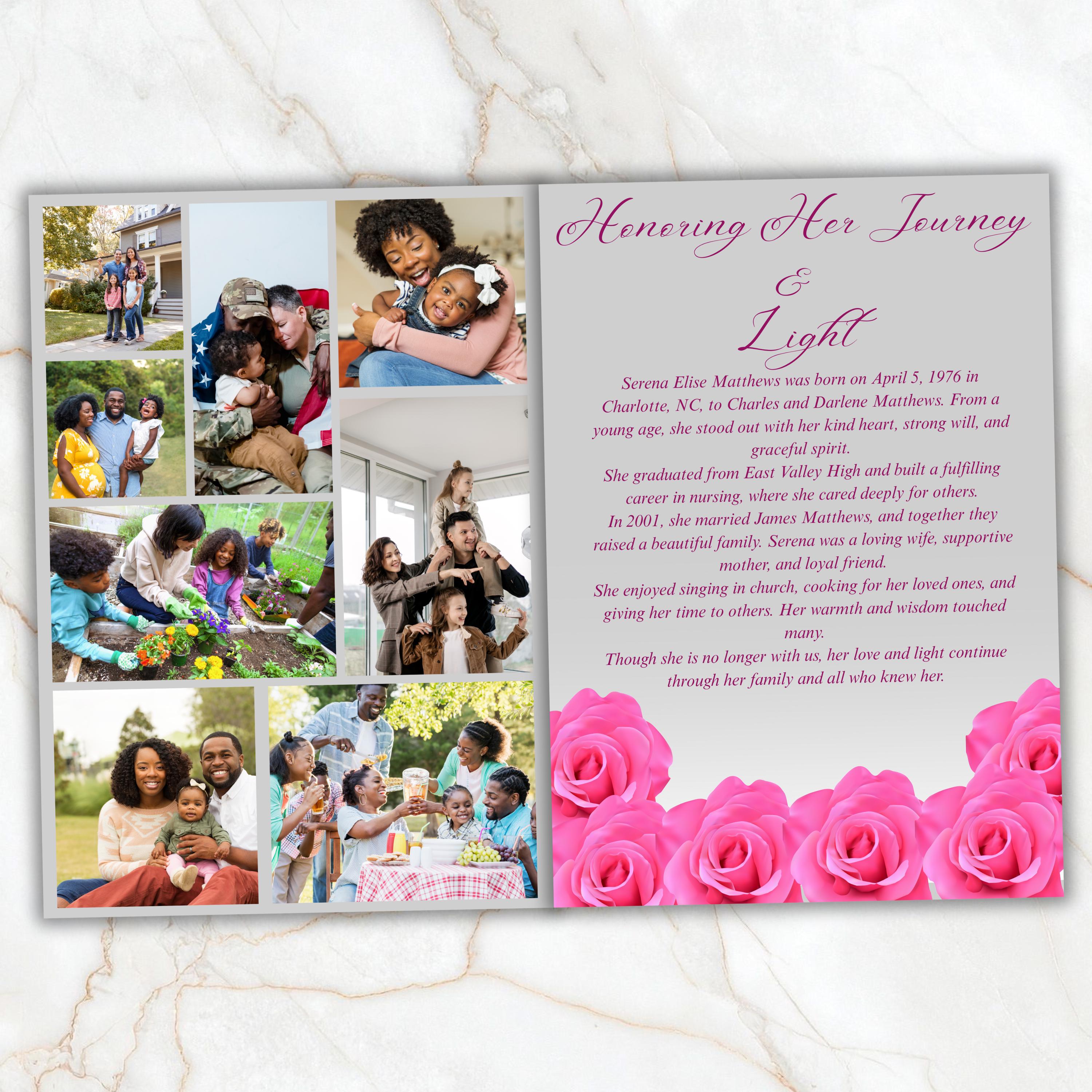 6 Pages Pink Rose Funeral Program Template, Bi-Fold Funeral Program, Obituary Celebration Of Life Program, Digital Download - Editable Memorial Canva Template