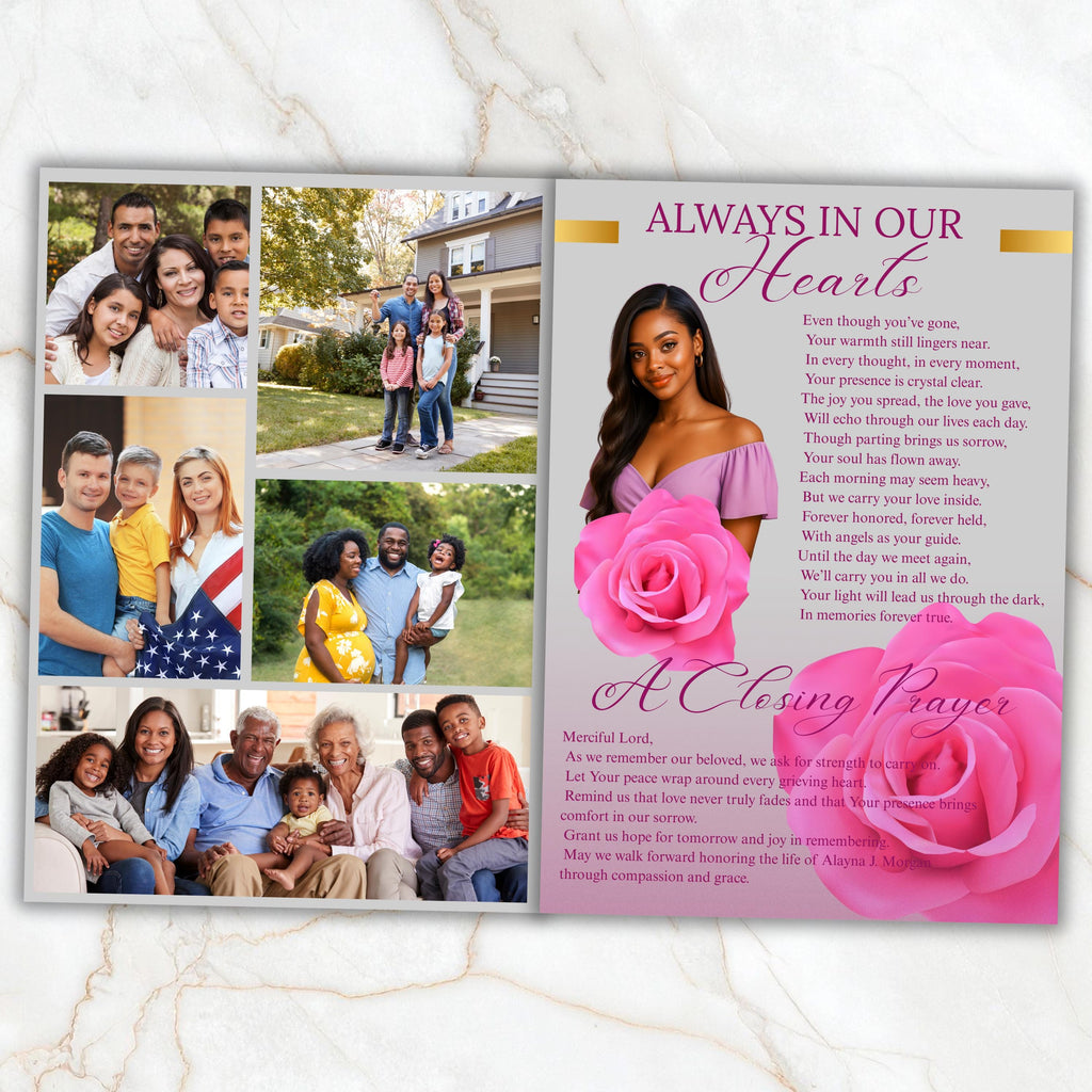 6 Pages Pink Rose Funeral Program Template, Bi-Fold Funeral Program, Obituary Celebration Of Life Program, Digital Download - Editable Memorial Canva Template