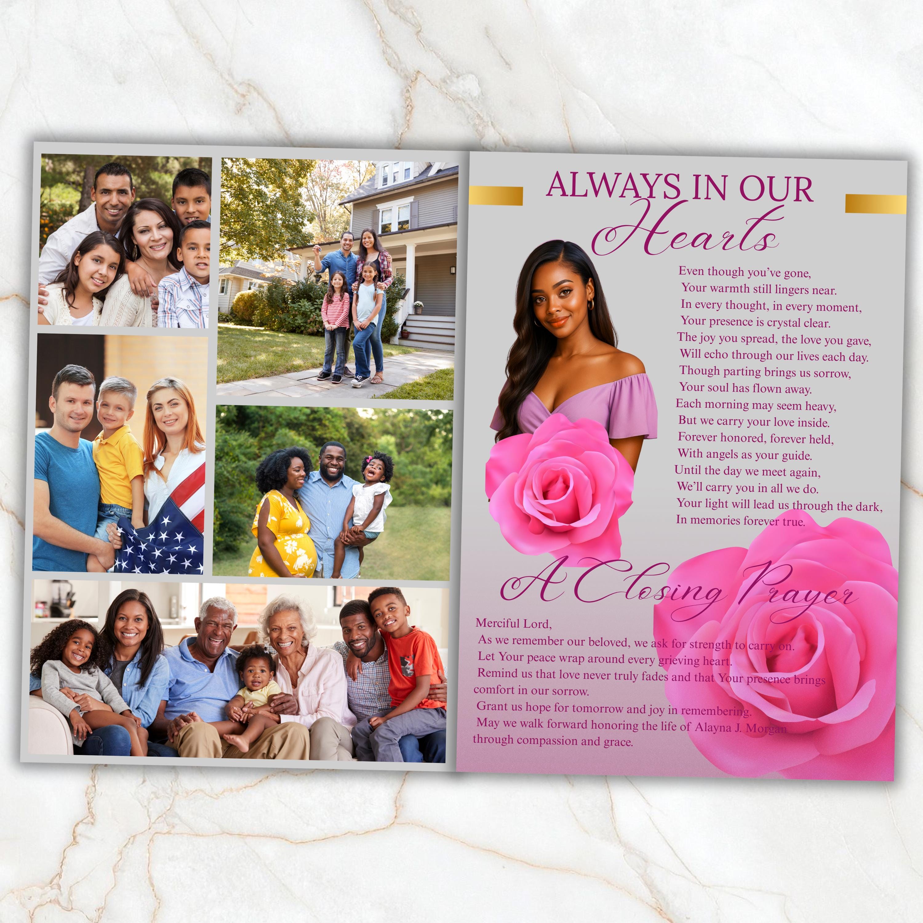 6 Pages Pink Rose Funeral Program Template, Bi-Fold Funeral Program, Obituary Celebration Of Life Program, Digital Download - Editable Memorial Canva Template