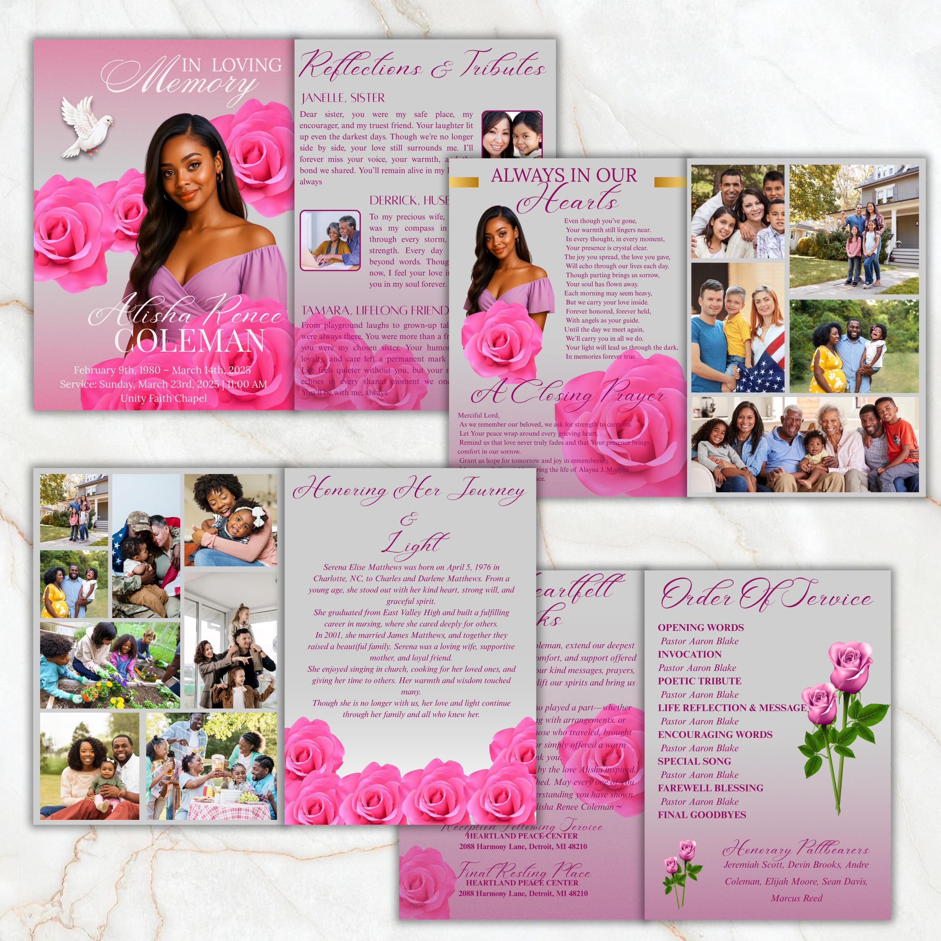 6 Pages Pink Rose Funeral Program Template, Bi-Fold Funeral Program, Obituary Celebration Of Life Program, Digital Download - Editable Memorial Canva Template