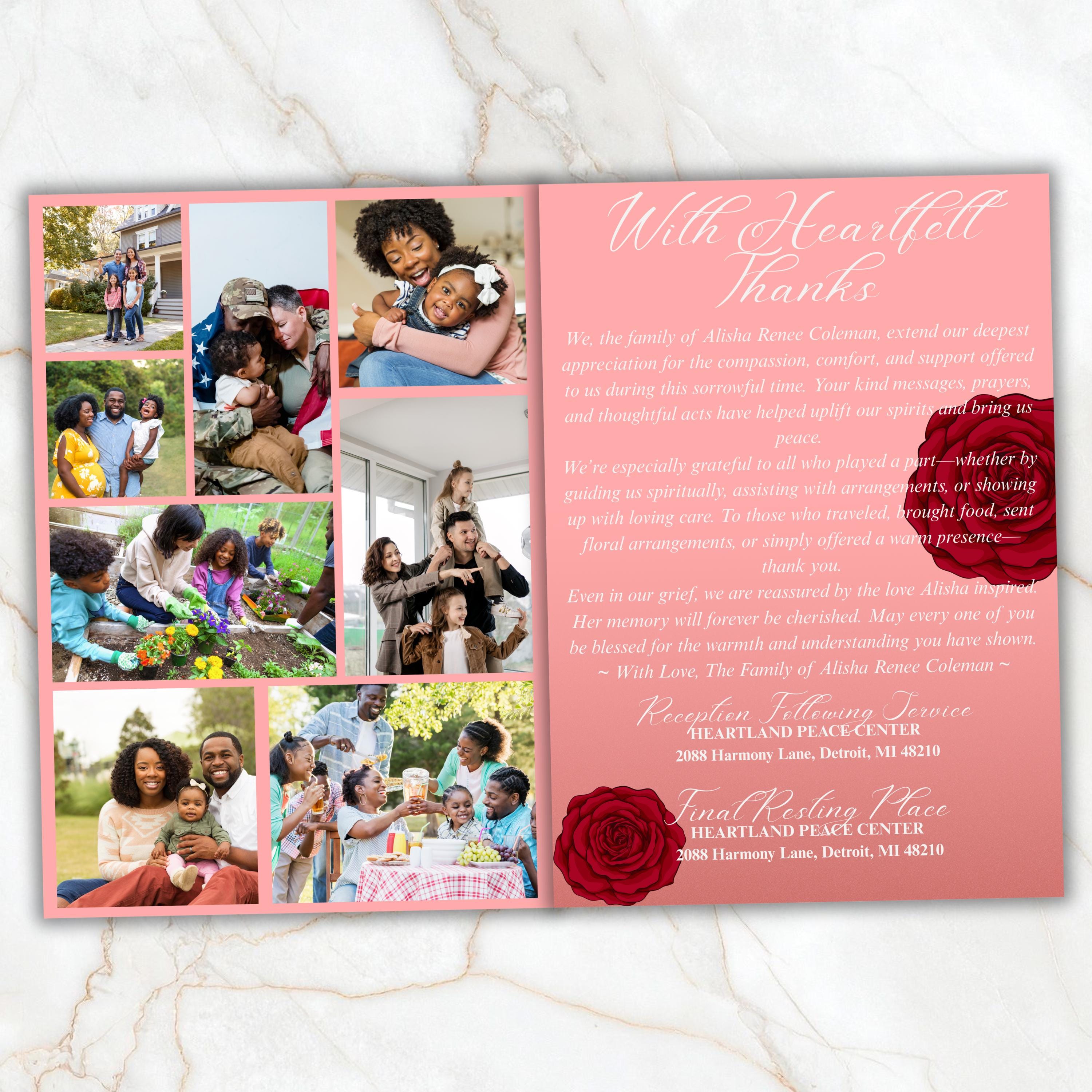 6 Pages Red Rose Funeral Program Template, Bi-Fold Funeral Program, Obituary Celebration Of Life Program, Digital Download - Editable Memorial Canva Template