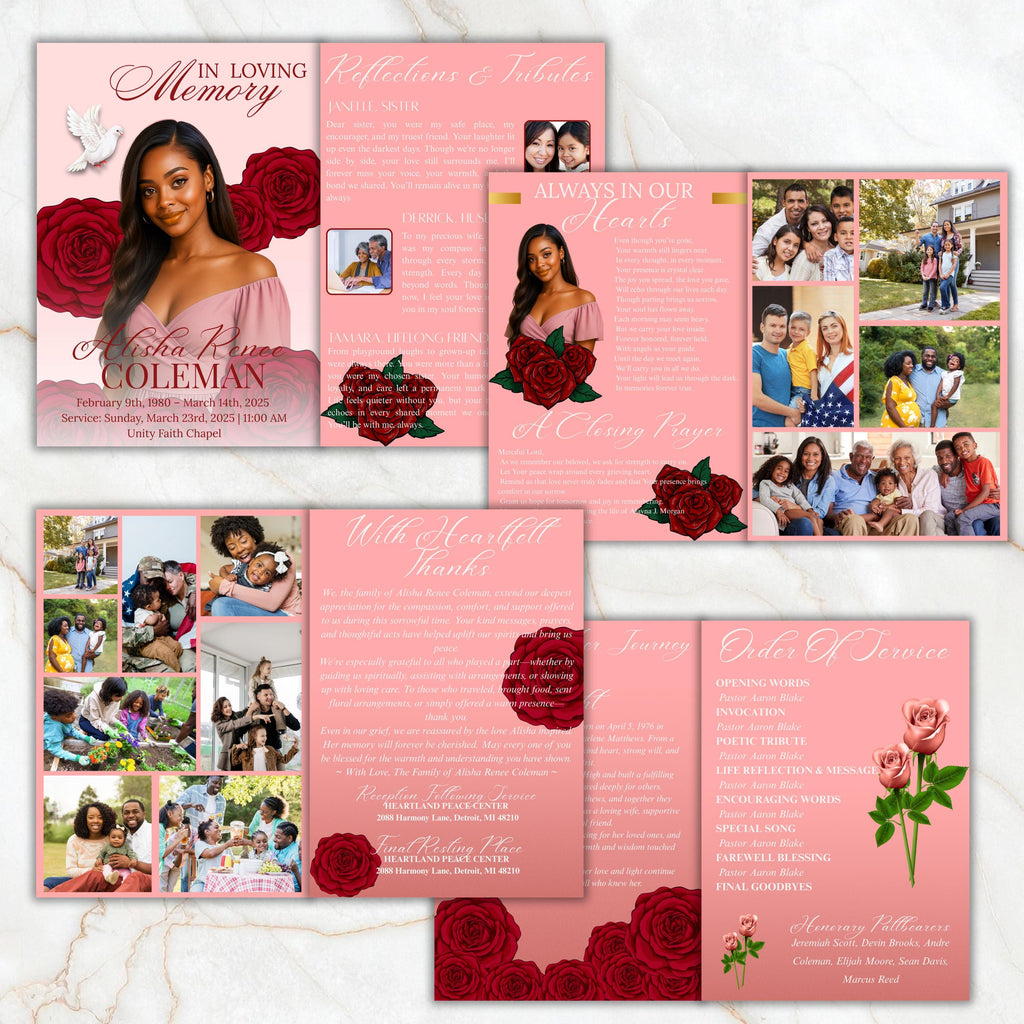 6 Pages Red Rose Funeral Program Template, Bi-Fold Funeral Program, Obituary Celebration Of Life Program, Digital Download - Editable Memorial Canva Template