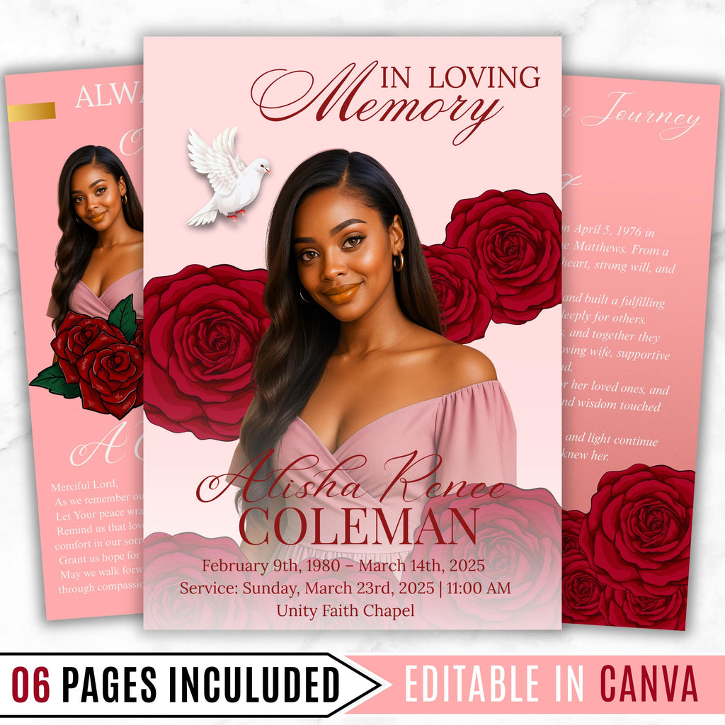6 Pages Red Rose Funeral Program Template, Bi-Fold Funeral Program, Obituary Celebration Of Life Program, Digital Download - Editable Memorial Canva Template