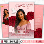 6 Pages Red Rose Funeral Program Template, Bi-Fold Funeral Program, Obituary Celebration Of Life Program, Digital Download - Editable Memorial Canva Template