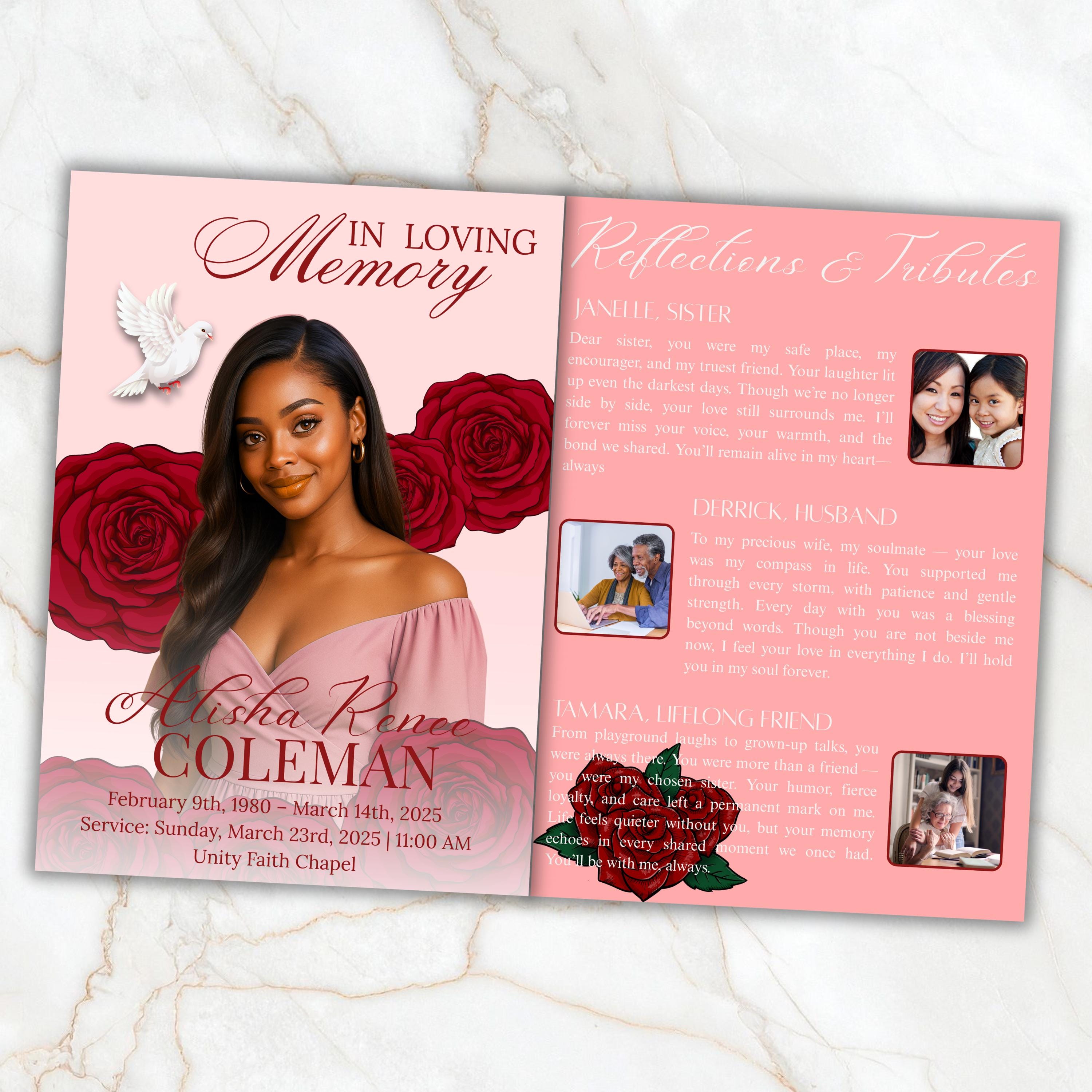 6 Pages Red Rose Funeral Program Template, Bi-Fold Funeral Program, Obituary Celebration Of Life Program, Digital Download - Editable Memorial Canva Template