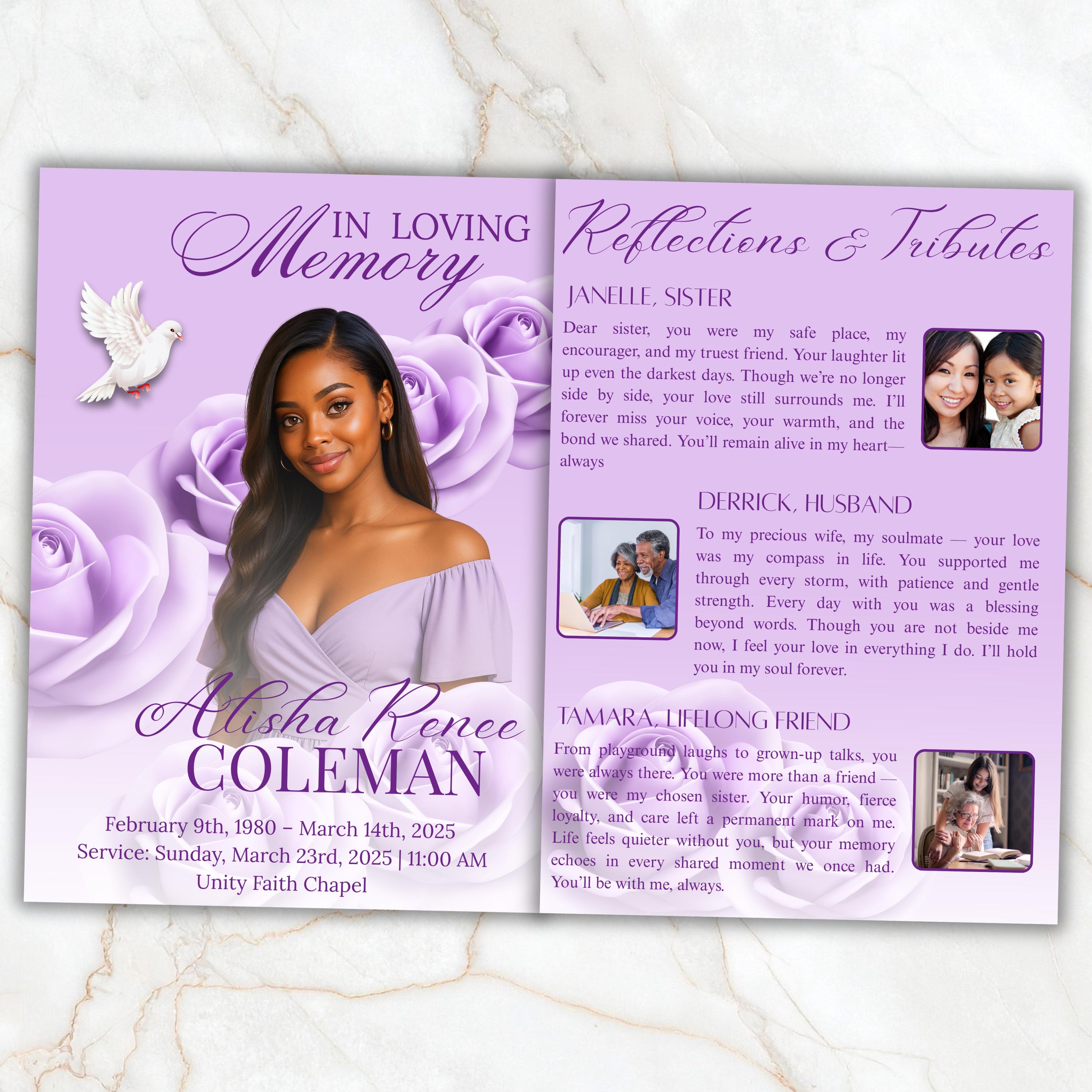 6 Pages Purple Funeral Program Template, Bi-Fold Funeral Program, Obituary Celebration Of Life Program, Digital Download - Editable Memorial Canva Template