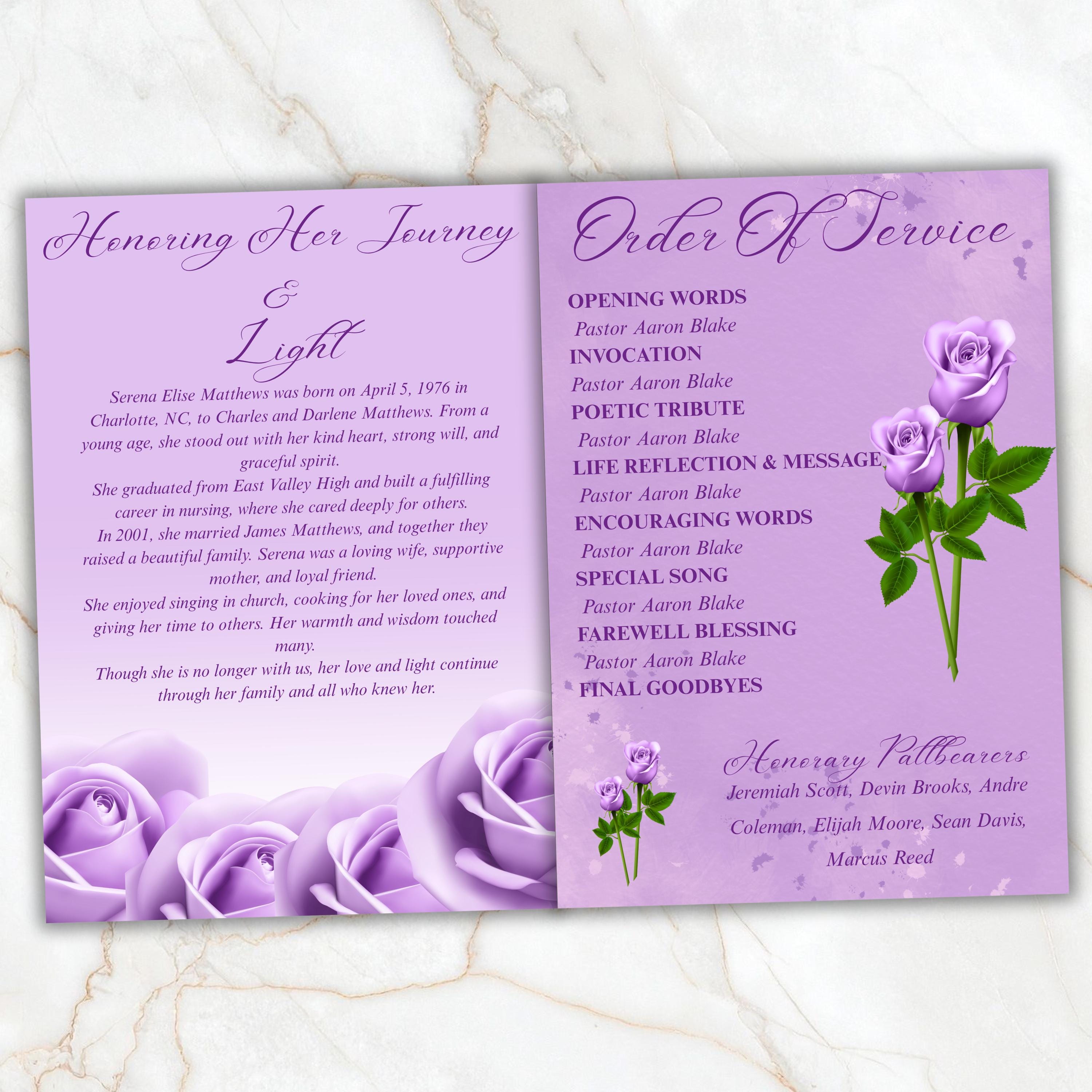 6 Pages Purple Funeral Program Template, Bi-Fold Funeral Program, Obituary Celebration Of Life Program, Digital Download - Editable Memorial Canva Template