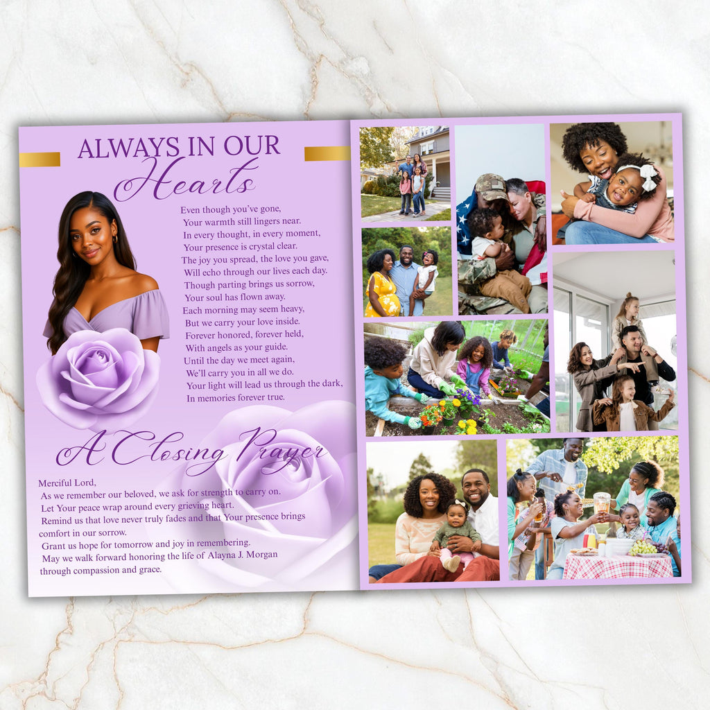 6 Pages Purple Funeral Program Template, Bi-Fold Funeral Program, Obituary Celebration Of Life Program, Digital Download - Editable Memorial Canva Template