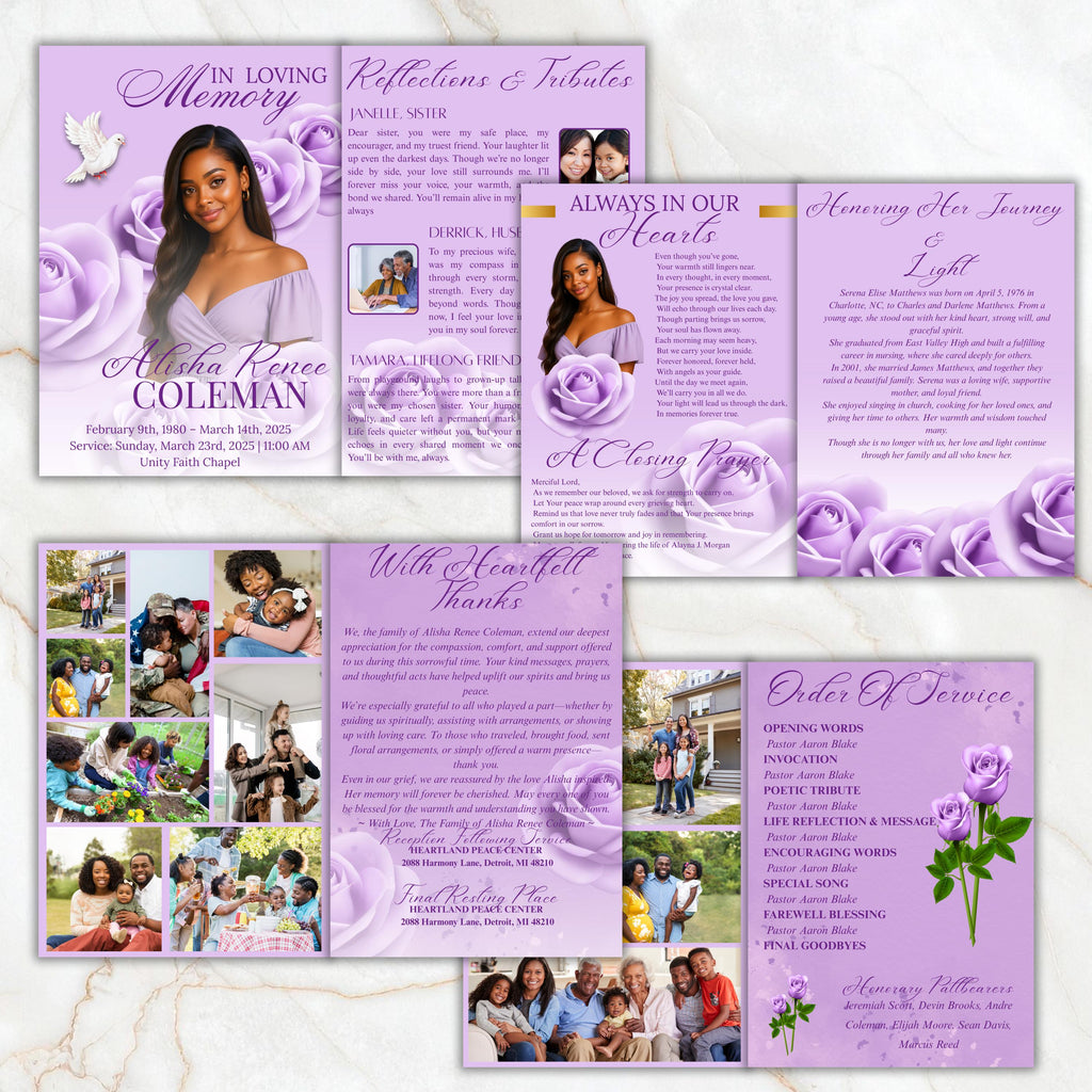 6 Pages Purple Funeral Program Template, Bi-Fold Funeral Program, Obituary Celebration Of Life Program, Digital Download - Editable Memorial Canva Template