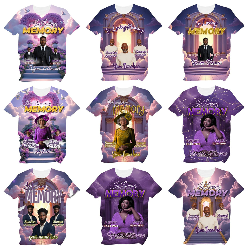 11 In Loving Memory Design Canva Editable T Shirt, purple All over Memorial Shirt Bundle, Heavens Stairway, Funeral Background - Editable Memorial Canva Template