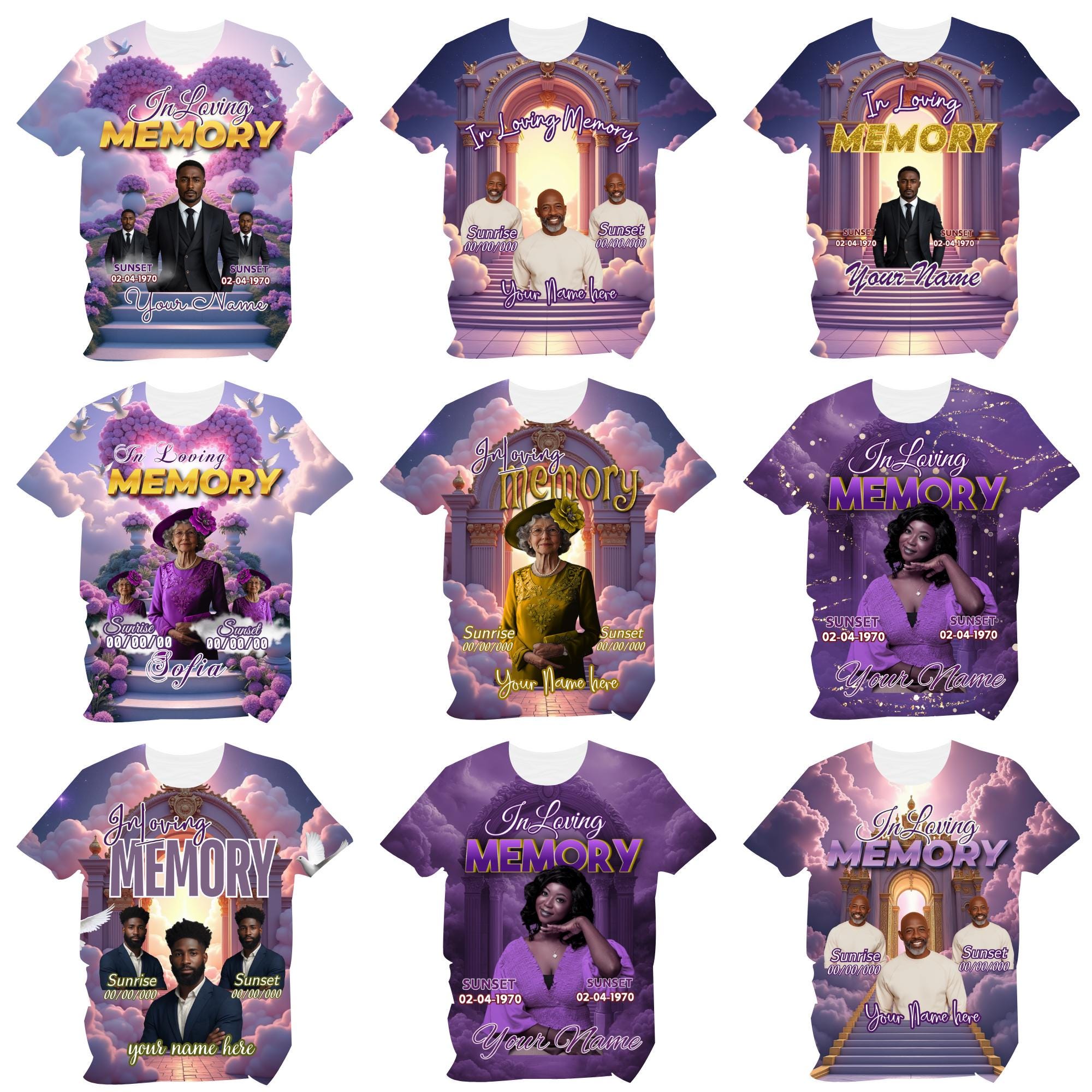 11 In Loving Memory Design Canva Editable T Shirt, purple All over Memorial Shirt Bundle, Heavens Stairway, Funeral Background - Editable Memorial Canva Template