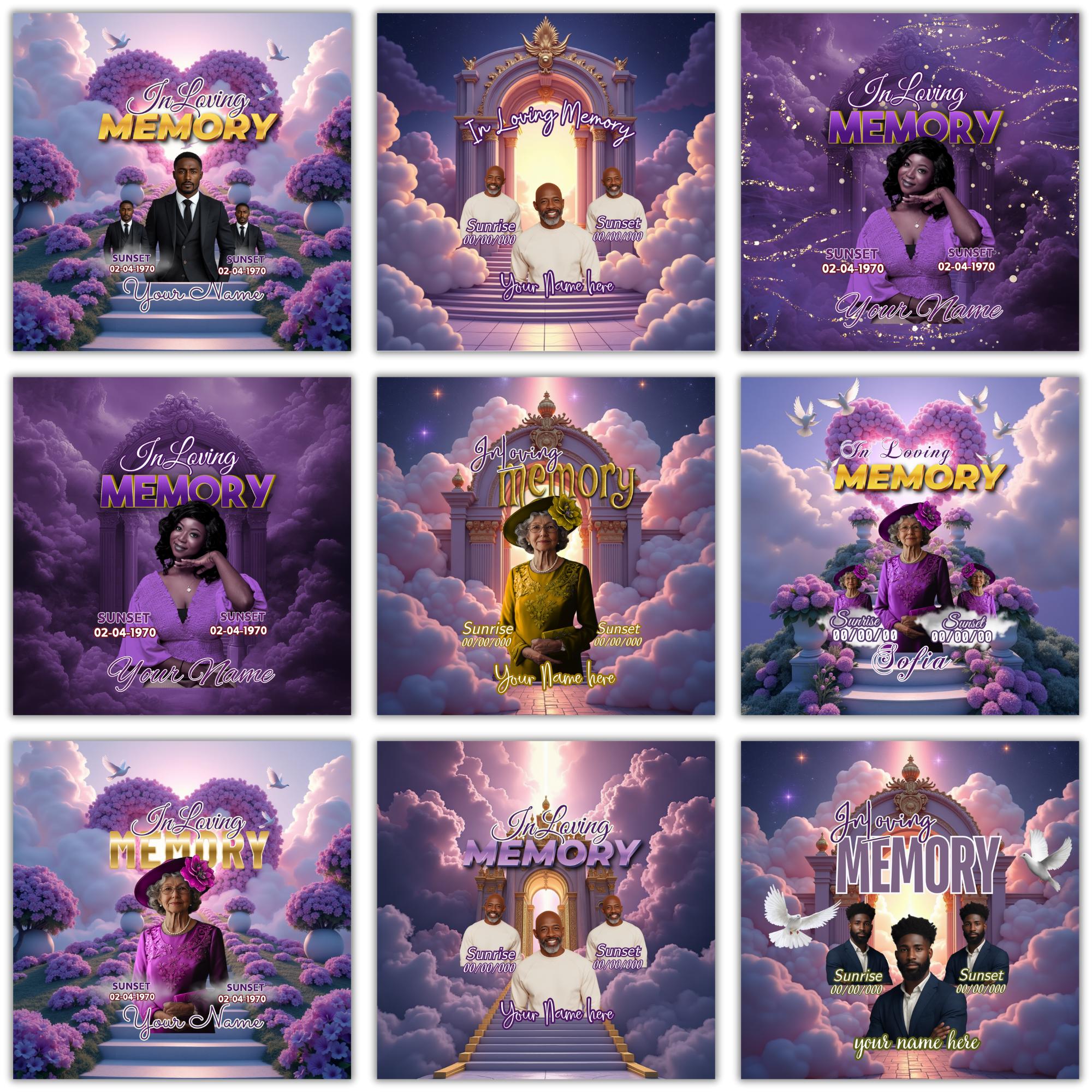 11 In Loving Memory Design Canva Editable T Shirt, purple All over Memorial Shirt Bundle, Heavens Stairway, Funeral Background - Editable Memorial Canva Template