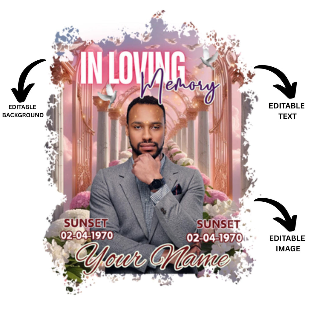 23 In Loving Memory Pink Design Canva Editable T Shirt, Pink Memorial Canva Designs, Heavens Stairway, Funeral Background - Editable Memorial Canva Template