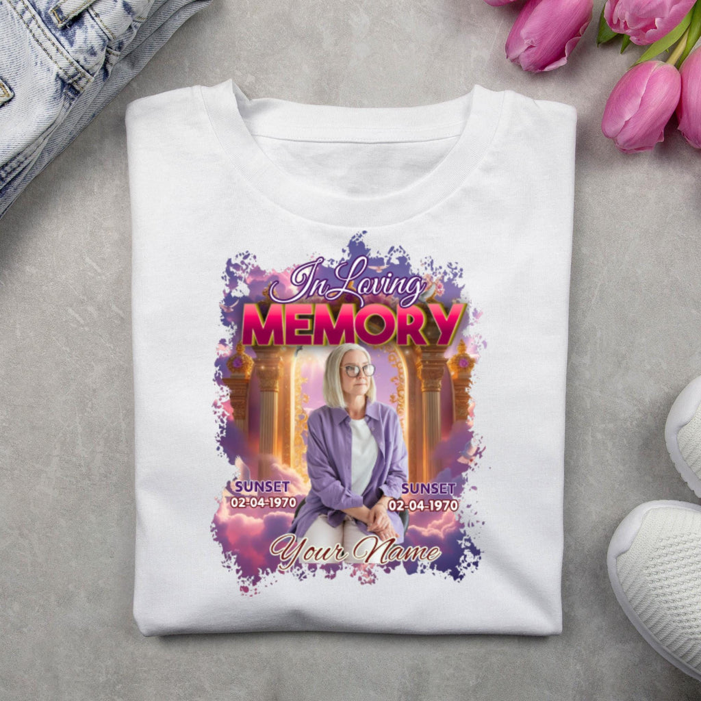 23 In Loving Memory Pink Design Canva Editable T Shirt, Pink Memorial Canva Designs, Heavens Stairway, Funeral Background - Editable Memorial Canva Template