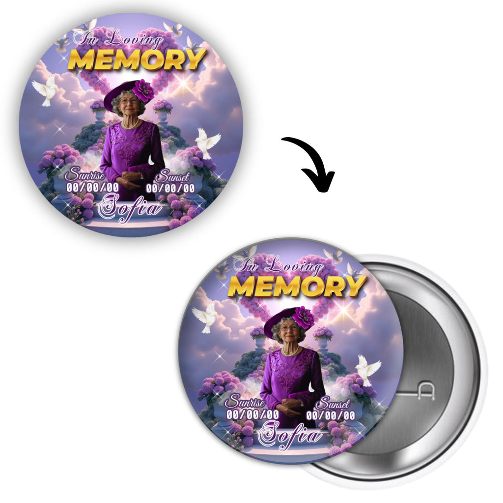 10 In Loving Memory Purple Pin Button Canva Editable Templates Bundle, Memorial Purple Pin Button Canva Designs, Funeral Button Favors - Editable Memorial Canva Template