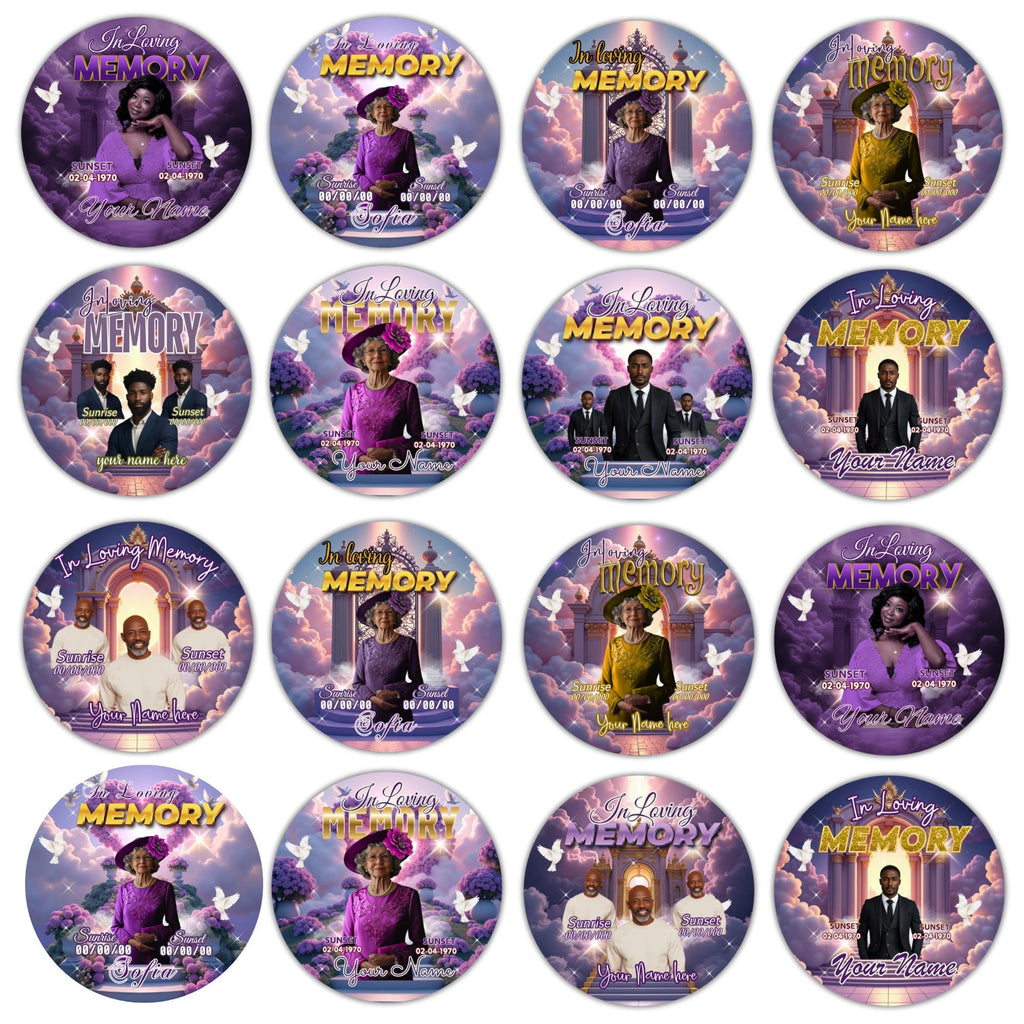 10 In Loving Memory Purple Pin Button Canva Editable Templates Bundle, Memorial Purple Pin Button Canva Designs, Funeral Button Favors - Editable Memorial Canva Template