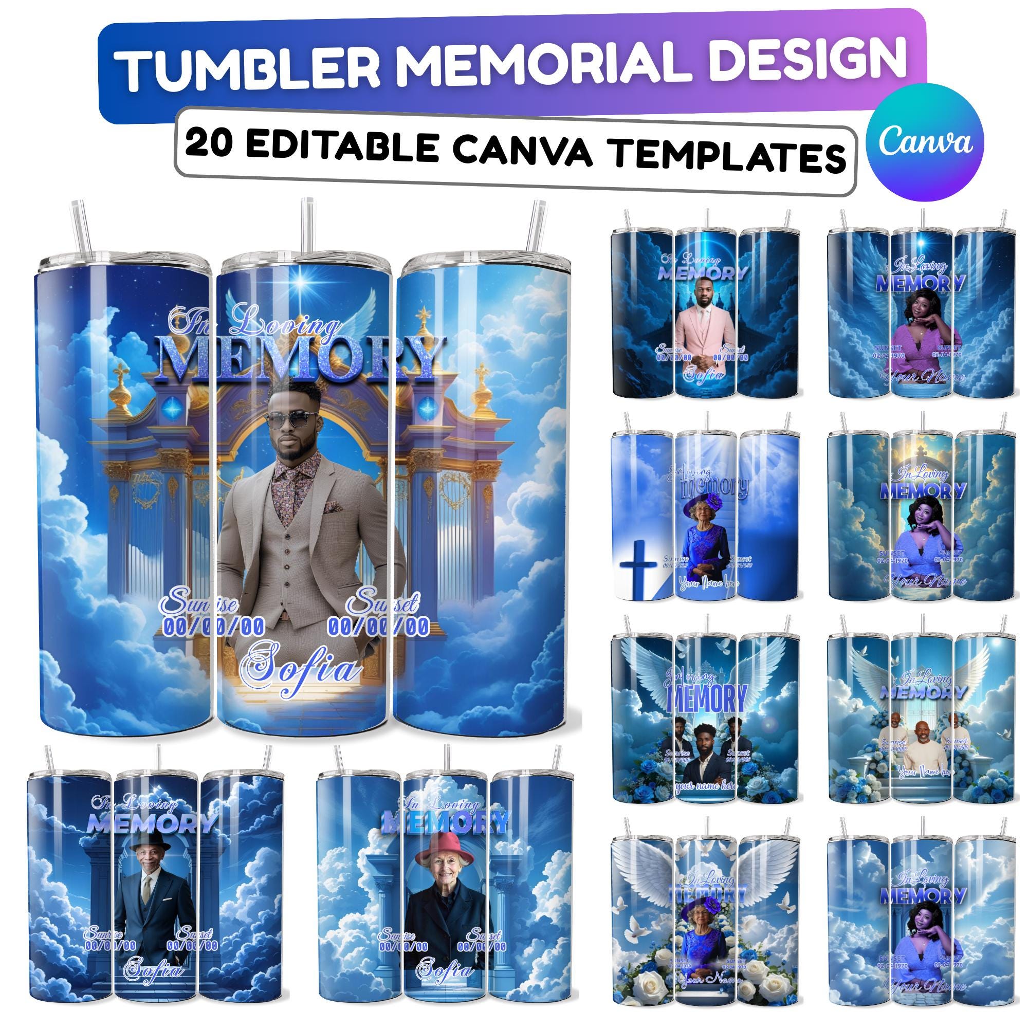20 Memorial Blue Tumbler Canva Editable Template Bundle, Canva Editable Template, Memorial Blue Tumbler, Add your Own Photo Canva Tumbler - Editable Memorial Canva Template