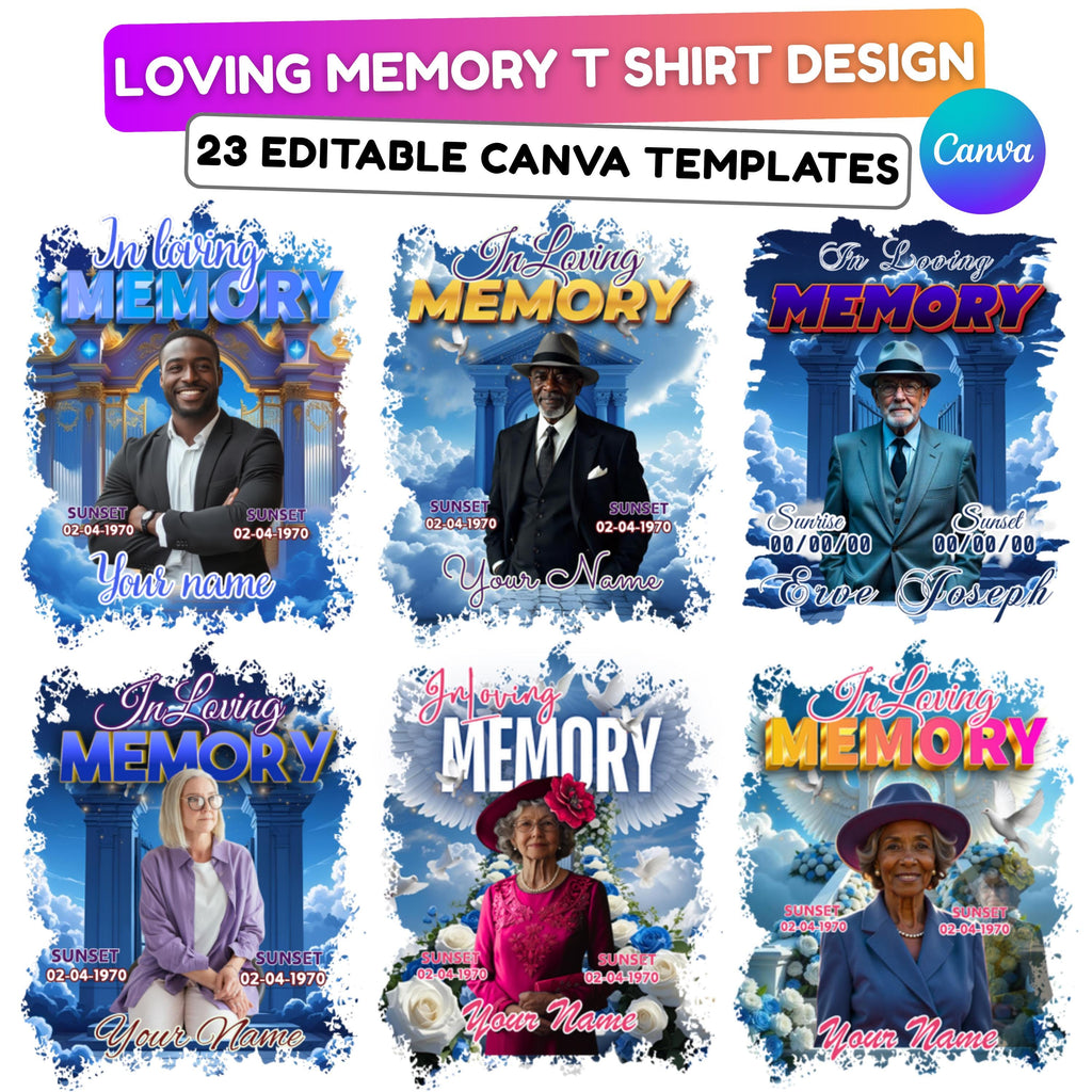 23 In Loving Memory Blue T Shirt Canva Editable Templates, In Loving Memory Templates, Memorial Canva Template, Funeral & Celebration - Editable Memorial Canva Template