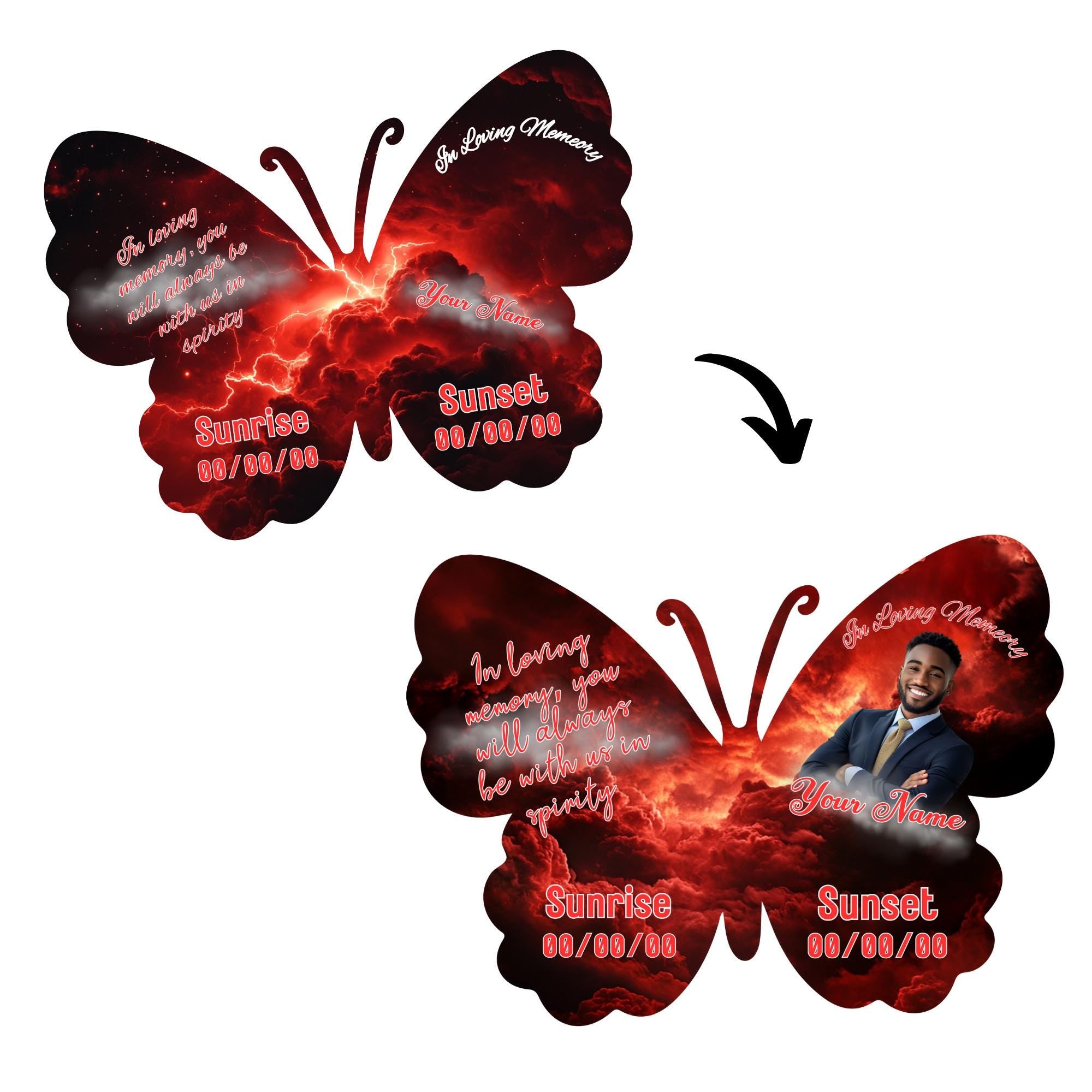 08 Editable Memorial Red Butterfly Pin Button Template, Red in loving memory Butterfly Pin Button Template, In Loving Memory Template - Editable Memorial Canva Template