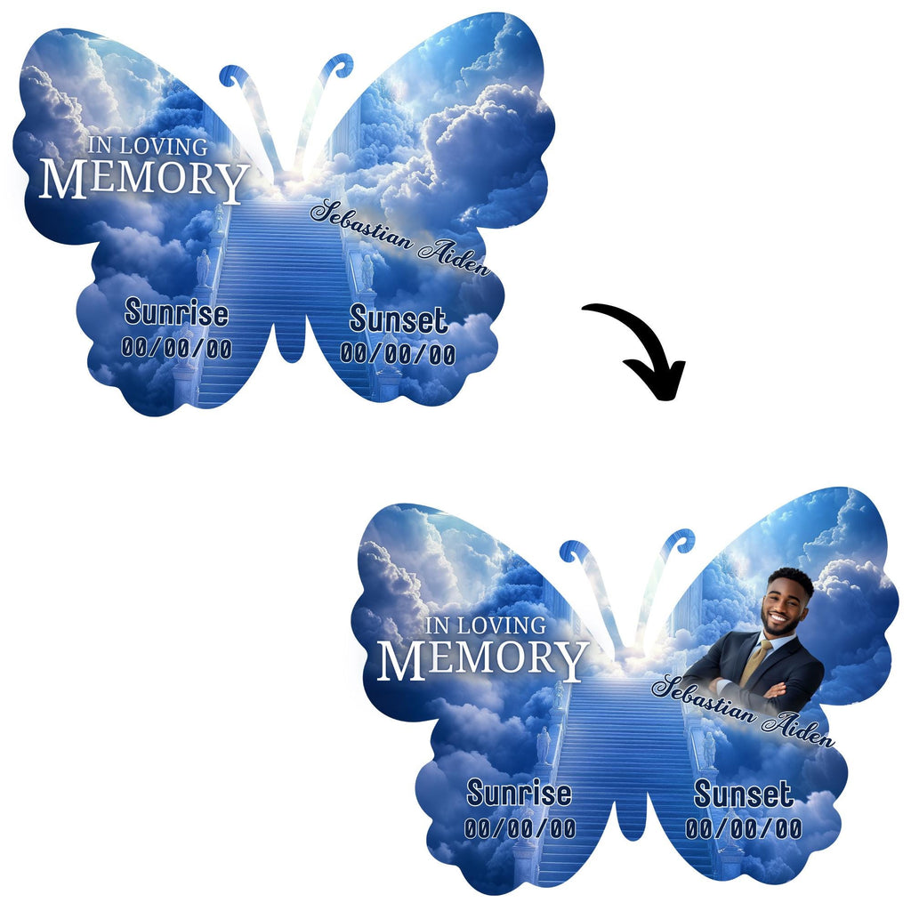 08 Editable Memorial Blue Butterfly Pin Button Template, Blue in loving memory Butterfly Pin Button Template, In Loving Memory Template - Editable Memorial Canva Template