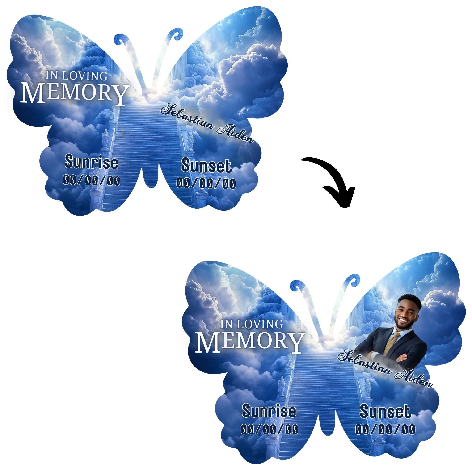 08 Editable Memorial Blue Butterfly Pin Button Template, Blue in loving memory Butterfly Pin Button Template, In Loving Memory Template - Editable Memorial Canva Template