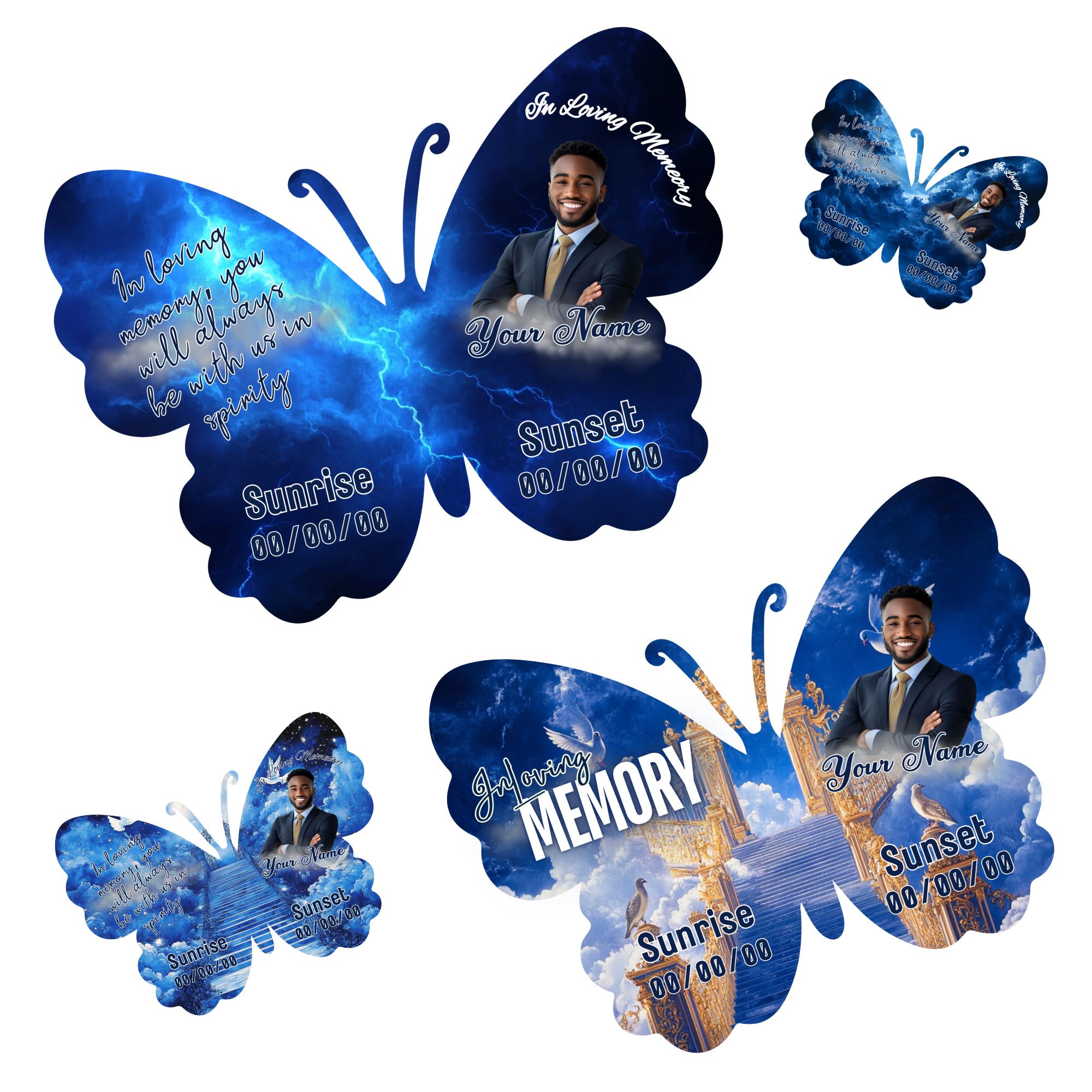 08 Editable Memorial Blue Butterfly Pin Button Template, Blue in loving memory Butterfly Pin Button Template, In Loving Memory Template - Editable Memorial Canva Template