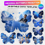08 Editable Memorial Blue Butterfly Pin Button Template, Blue in loving memory Butterfly Pin Button Template, In Loving Memory Template - Editable Memorial Canva Template