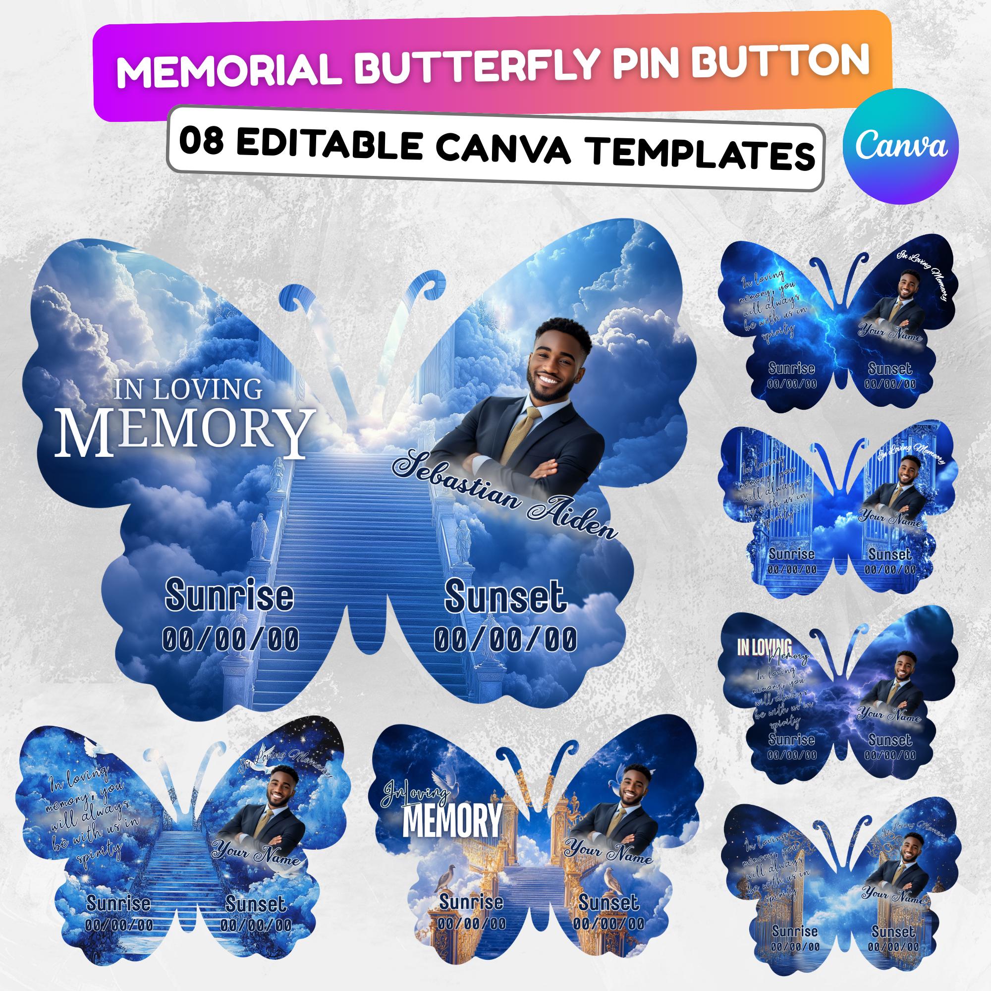 08 Editable Memorial Blue Butterfly Pin Button Template, Blue in loving memory Butterfly Pin Button Template, In Loving Memory Template - Editable Memorial Canva Template
