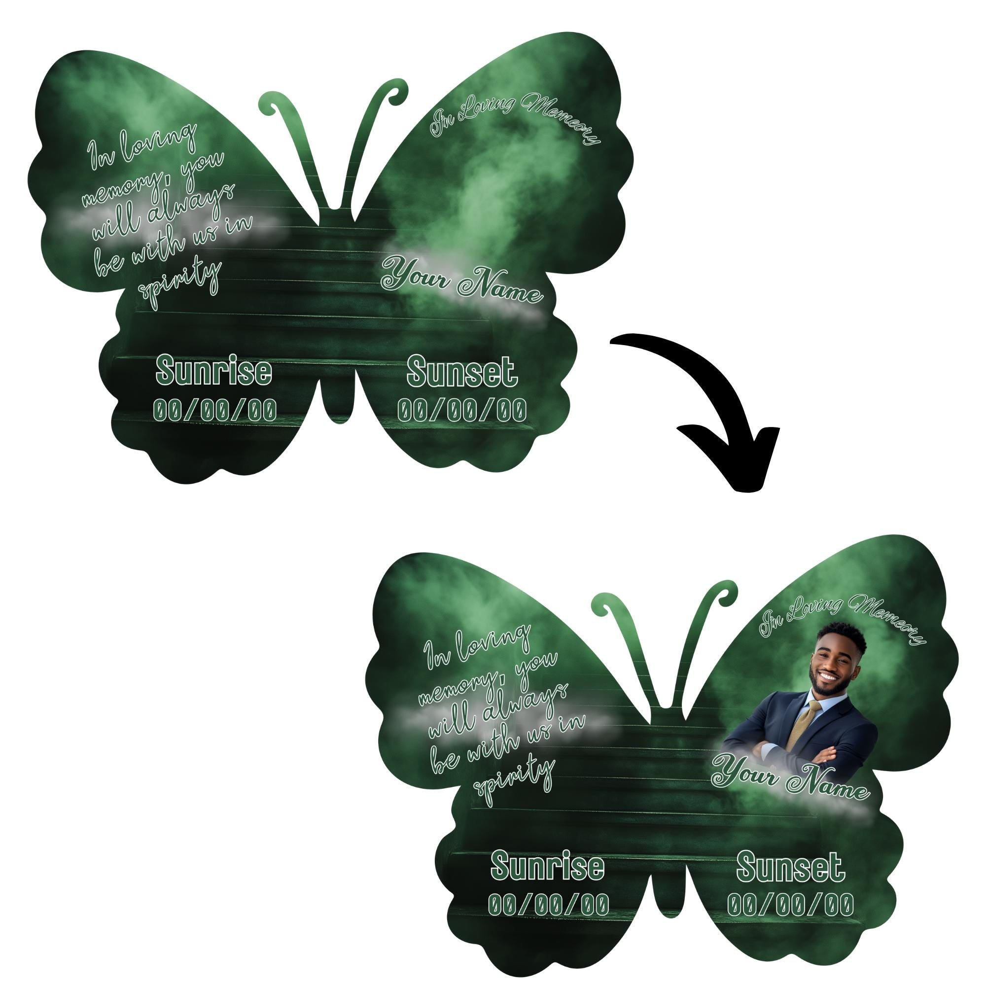 08 Editable Memorial Green Butterfly Pin Button Template, Green in loving memory Butterfly Pin Button Template, In Loving Memory Template - Editable Memorial Canva Template