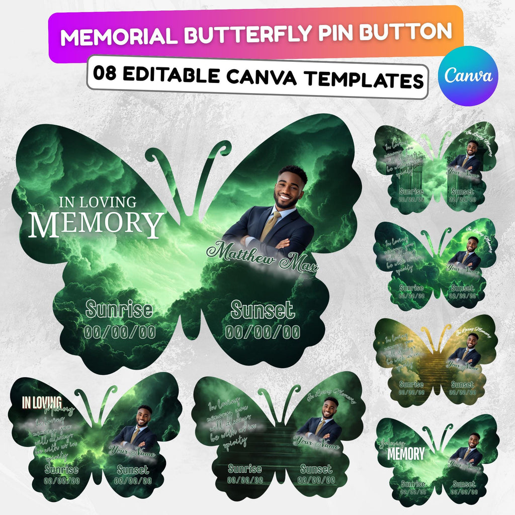 08 Editable Memorial Green Butterfly Pin Button Template, Green in loving memory Butterfly Pin Button Template, In Loving Memory Template - Editable Memorial Canva Template